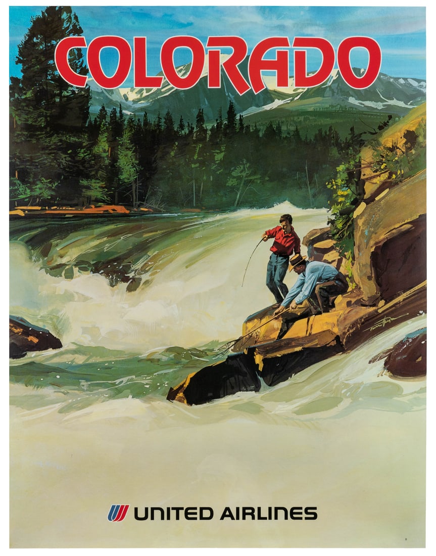 HOYNE, Tom. Colorado / United Airlines.: HOYNE, Tom. Colorado / United Airlines. 1970s. Airline poster with a wilderness illustration of fishermen. Linen backed. 28 x 21 3/4".