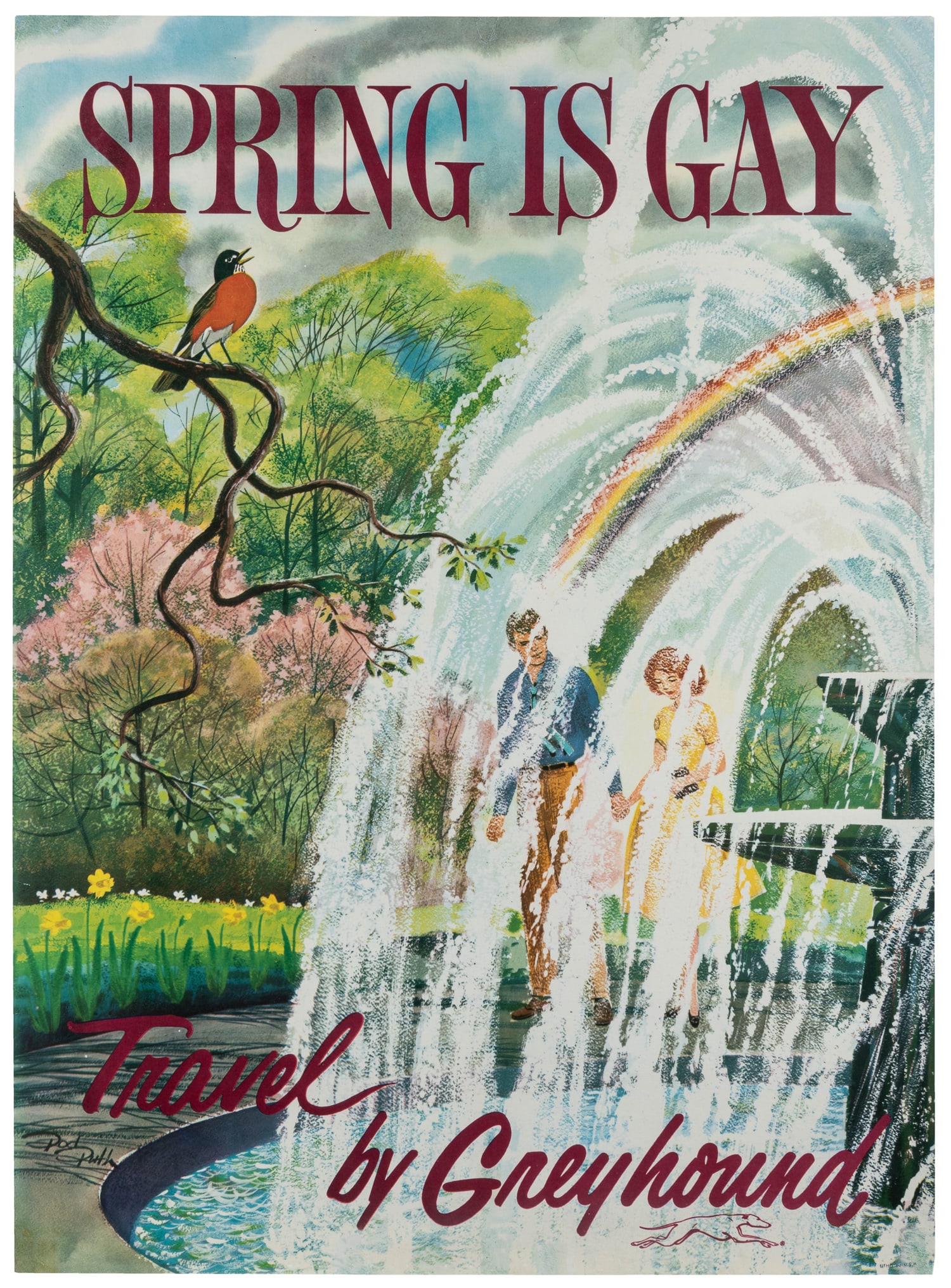 RUTH, Rod (1912 - 1987). Spring is Gay / Go Greyhound. 1960s.: RUTH, Rod (1912 - 1987). Spring is Gay / Go Greyhound. 1960s. Offset lithograph travel poster showing a couple walking by a fountain on a spring day. Linen backed. 38 x 27 3/4". 
