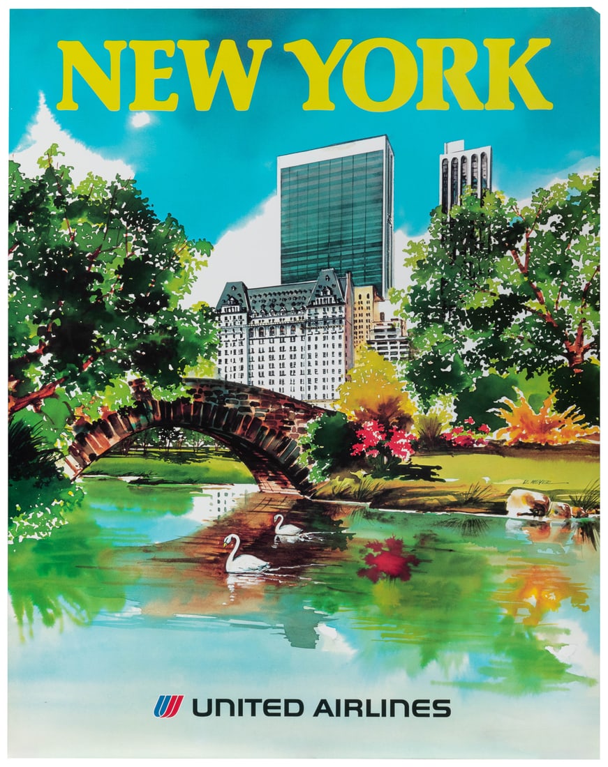 R. Meyer (American, 20th century). New York / United Air Lines. 1973.: [TRAVEL]. R. Meyer (American, 20th century). New York / United Air Lines. 1973. Color offset litho airline advertisement featuring a watercolor-style Central Park scene. A. Curled from rolled