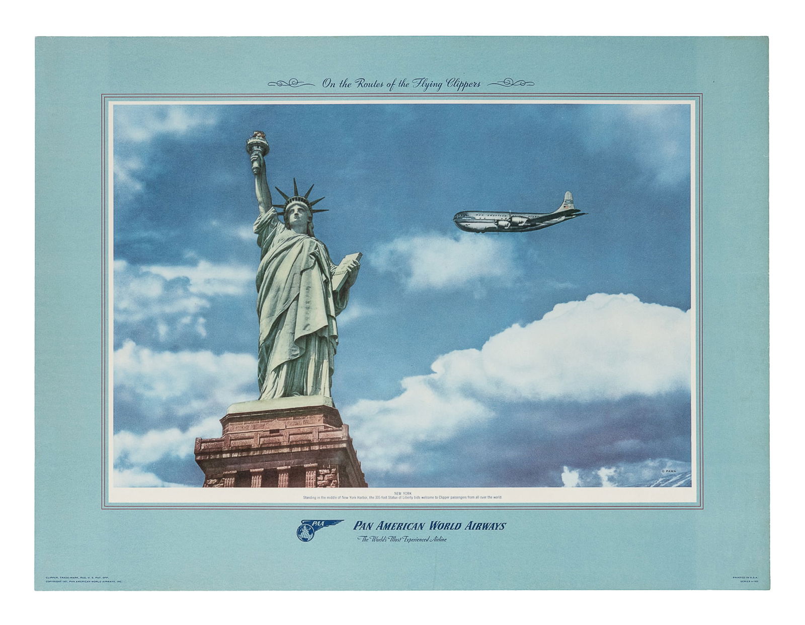 Pan American World Airways / New York.: Pan American World Airways / New York. 1952. Horizontal color lithograph travel poster featuring a Pan Am Flying Clipper seen behind the Statue of Liberty. Linen backed. 16 x 21". 