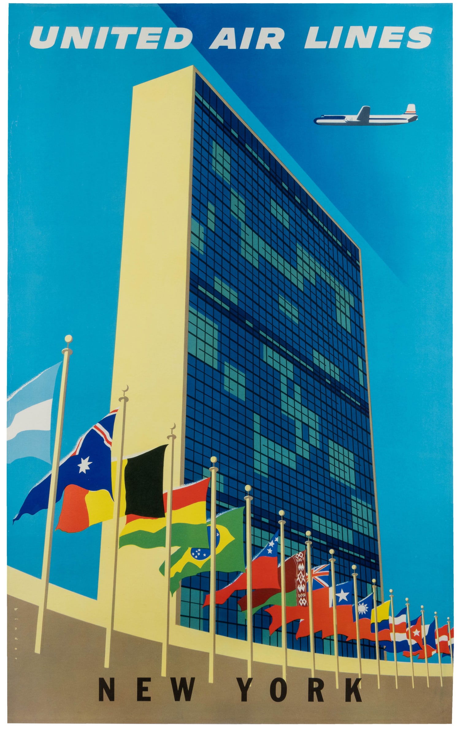 BINDER, Joseph (1898 - 1972). United Air Lines / New York.: BINDER, Joseph (1898 - 1972). United Air Lines / New York. 1950s. Offset lithograph airline poster with flags outside the United Nations headquarters. A scarce poster from Binder's mid-1950s