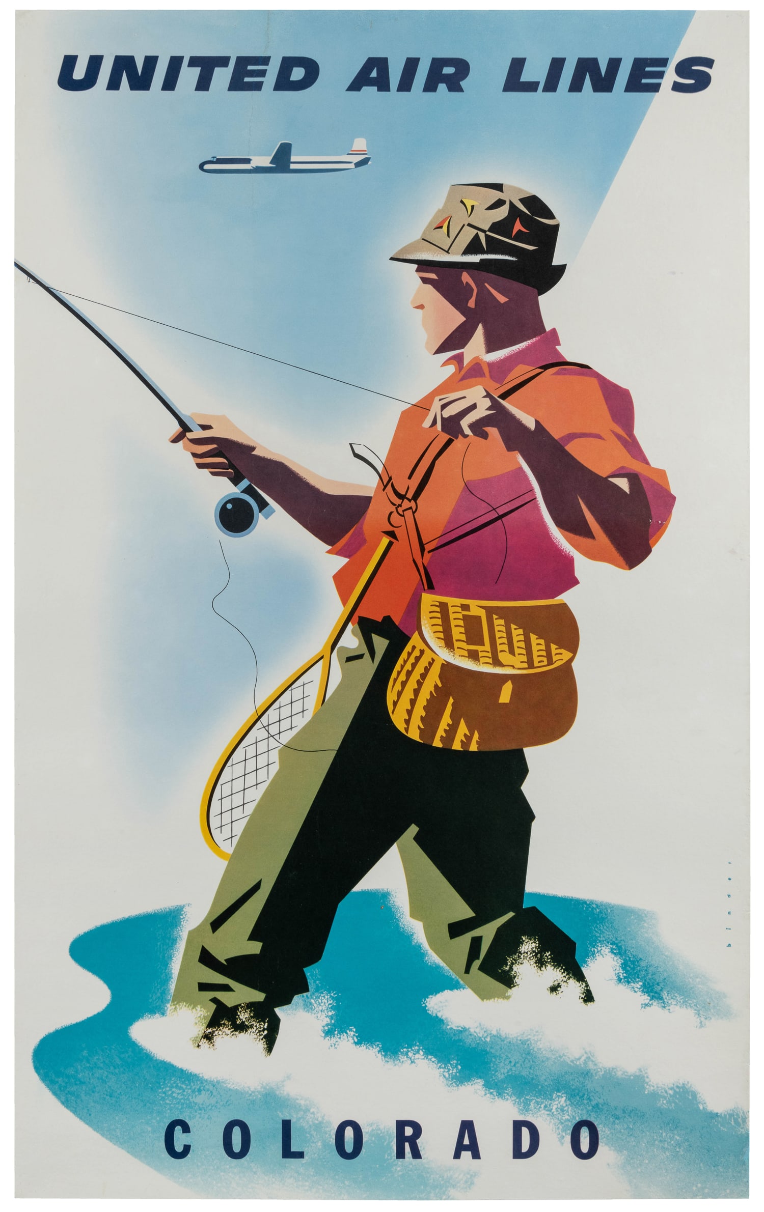 BINDER, Joseph. United Air Lines / Colorado. 1957.: BINDER, Joseph. United Air Lines / Colorado. 1957. Airline poster from Binder's memorable series for United, with an illustration of a fly fisherman. Linen backed. 39 1/2 x 24