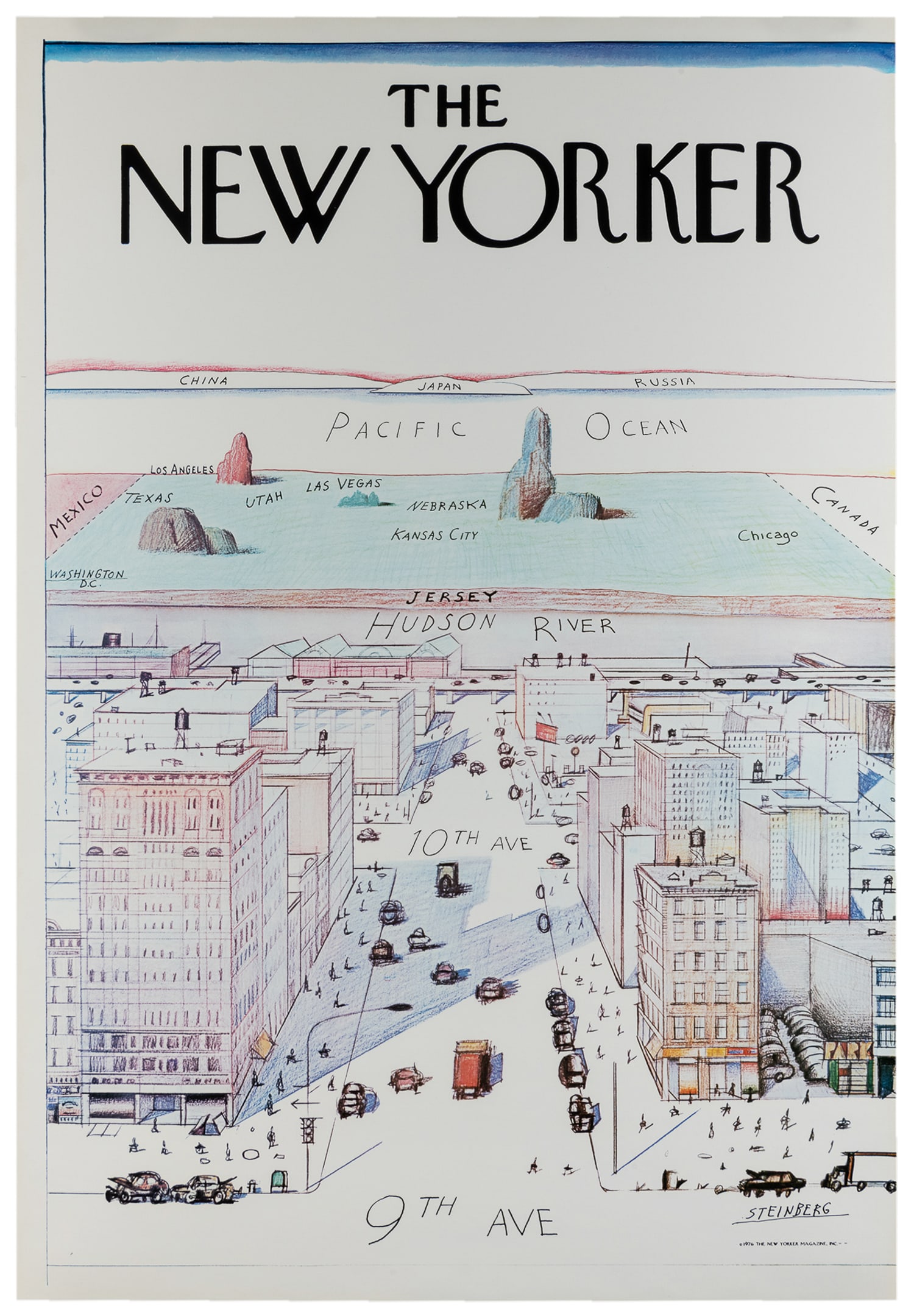 STEINBERG, Saul (1914-1999). The New Yorker. 1976.: STEINBERG, Saul (1914-1999). The New Yorker. 1976. The New Yorker Magazine, Inc. Color offset printed poster.Mounted to poster board. 42 x 29”. “View of the World from 9th
