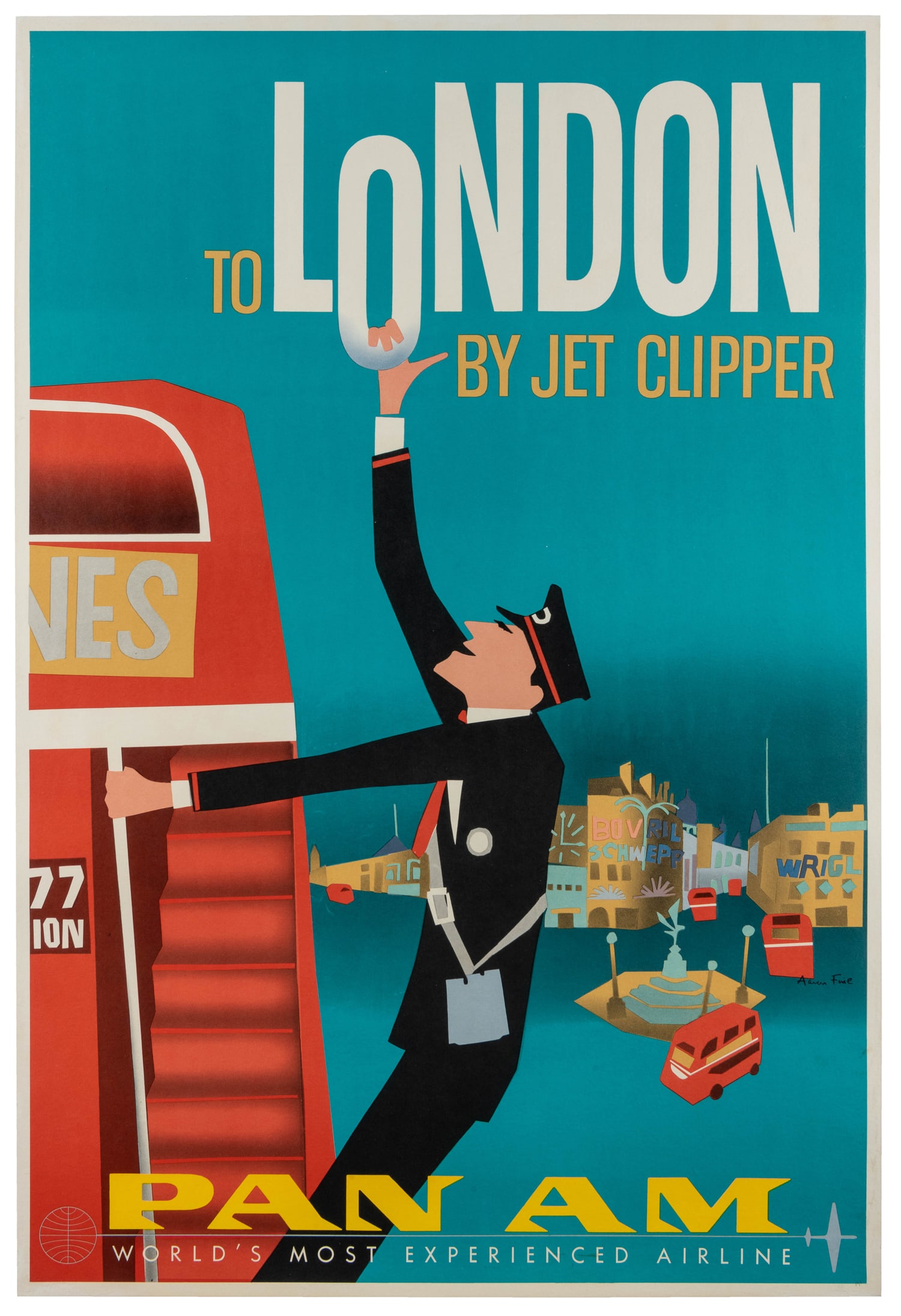 FINE, Aaron. To London by Jet Clipper / Pan Am.: FINE, Aaron. To London by Jet Clipper / Pan Am. Circa 1962. Offset lithograph airline poster. Fine produced four posters for Pan Am at this time, for Italy, Paris, Hawaii, and this London image. 