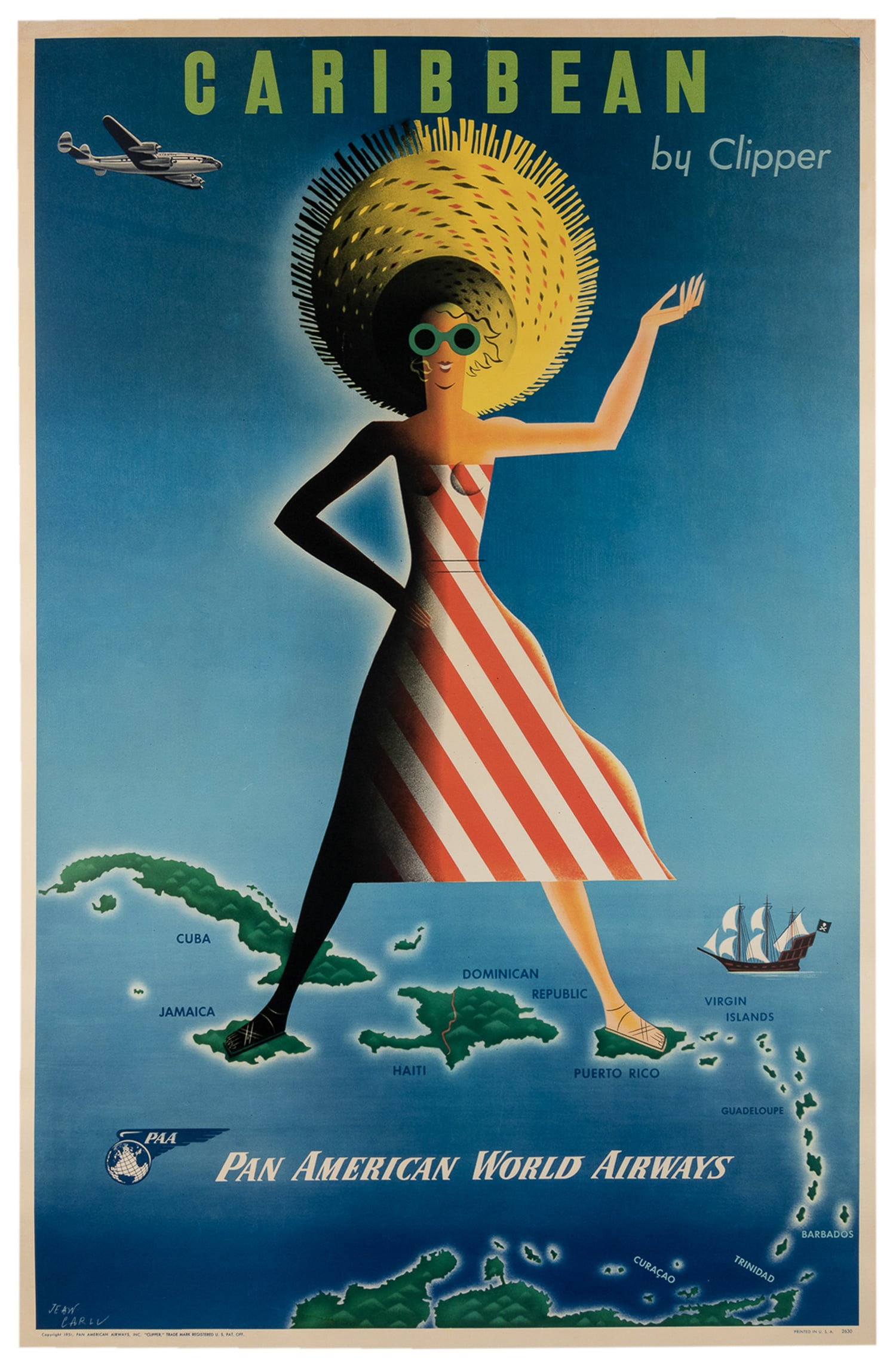 CARLU, Jean. Caribbean by Clipper. Pan American World Airways. 1951. (1 of 1)