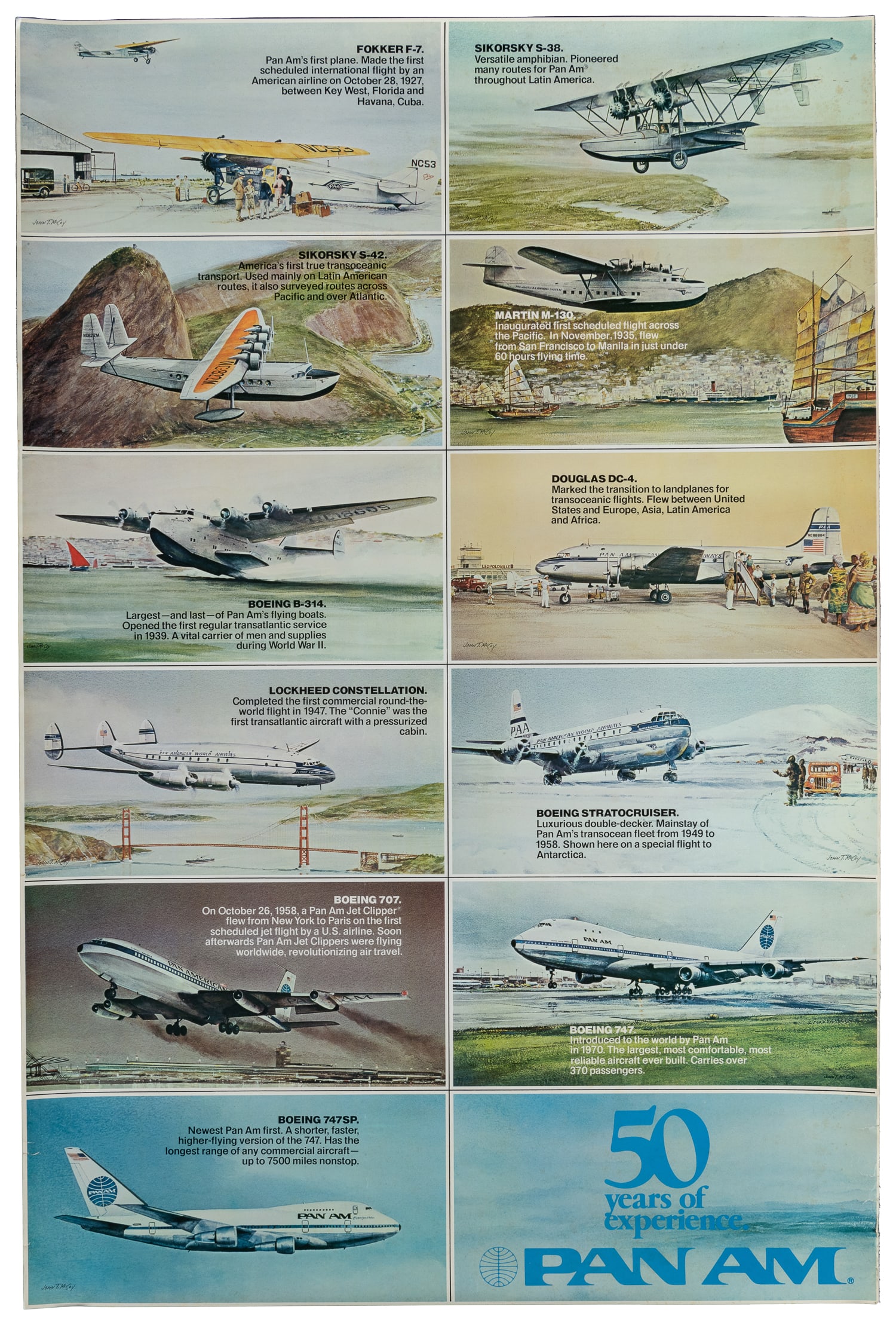 McCOY, John T. Pan Am / 50 Years of Experience. 1977.: McCOY, John T. Pan Am / 50 Years of Experience. 1977. Poster with the artist’s illustrations of 11 airplanes representing Pan Am’s half-century in aviation, from the Fokker F-7 to the