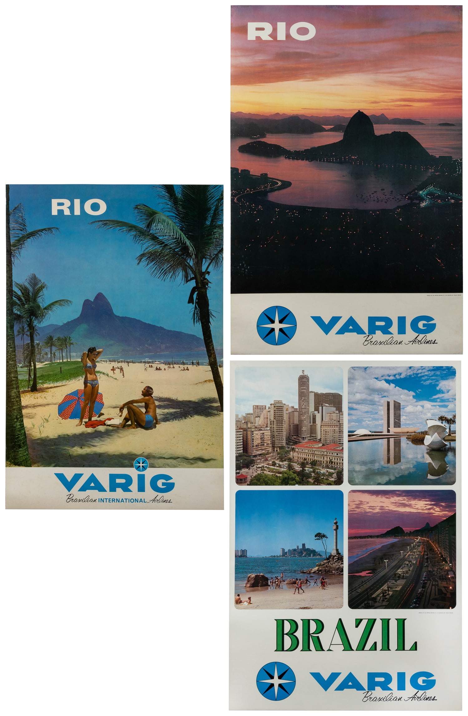 [SOUTH AMERICAN TRAVEL]. Varig. Three posters.: [SOUTH AMERICAN TRAVEL]. Varig. Three posters. Circa 1970s. Three color photo-offset posters advertising travel to Brazil and Rio. Two with photos by Tsugio Mikami. All linen backed. Size a
