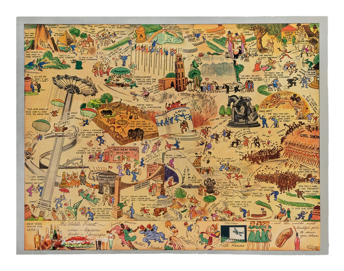 CAMPBELL, Elmer Sims. New York World's Fair 1939.: CAMPBELL, Elmer Sims. New York World's Fair 1939. Pictorial map displaying the attractions of the New York World's Fair, filled with humorous illustrations. Linen backed. 13 7/8 x