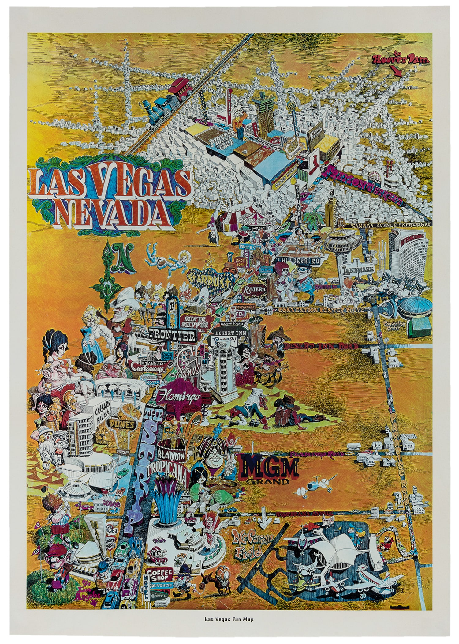 Las Vegas, Nevada. Las Vegas Fun Map. Mid to late 20th century.: Las Vegas, Nevada. Las Vegas Fun Map. Mid to late 20th century. Heavily detailed birds-eye-view of the Las Vegas strip during the 1960s with many recognizable attractions, hotels, and casinos. Linen b
