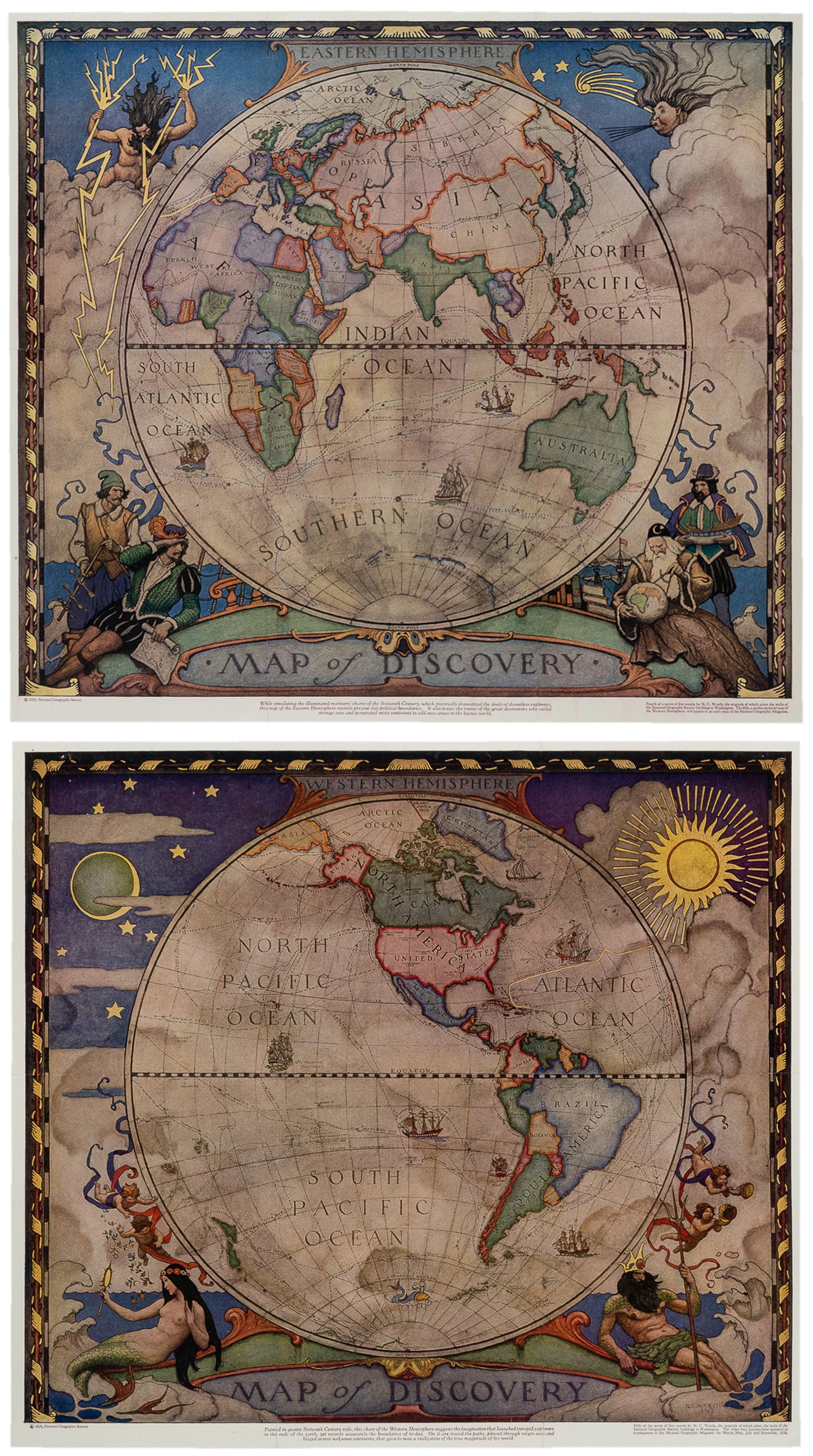 WYETH, N.C. (1882‚Äì1945). Pair of Pictorial Maps / Map of Discovery, Eastern & (1 of 3)