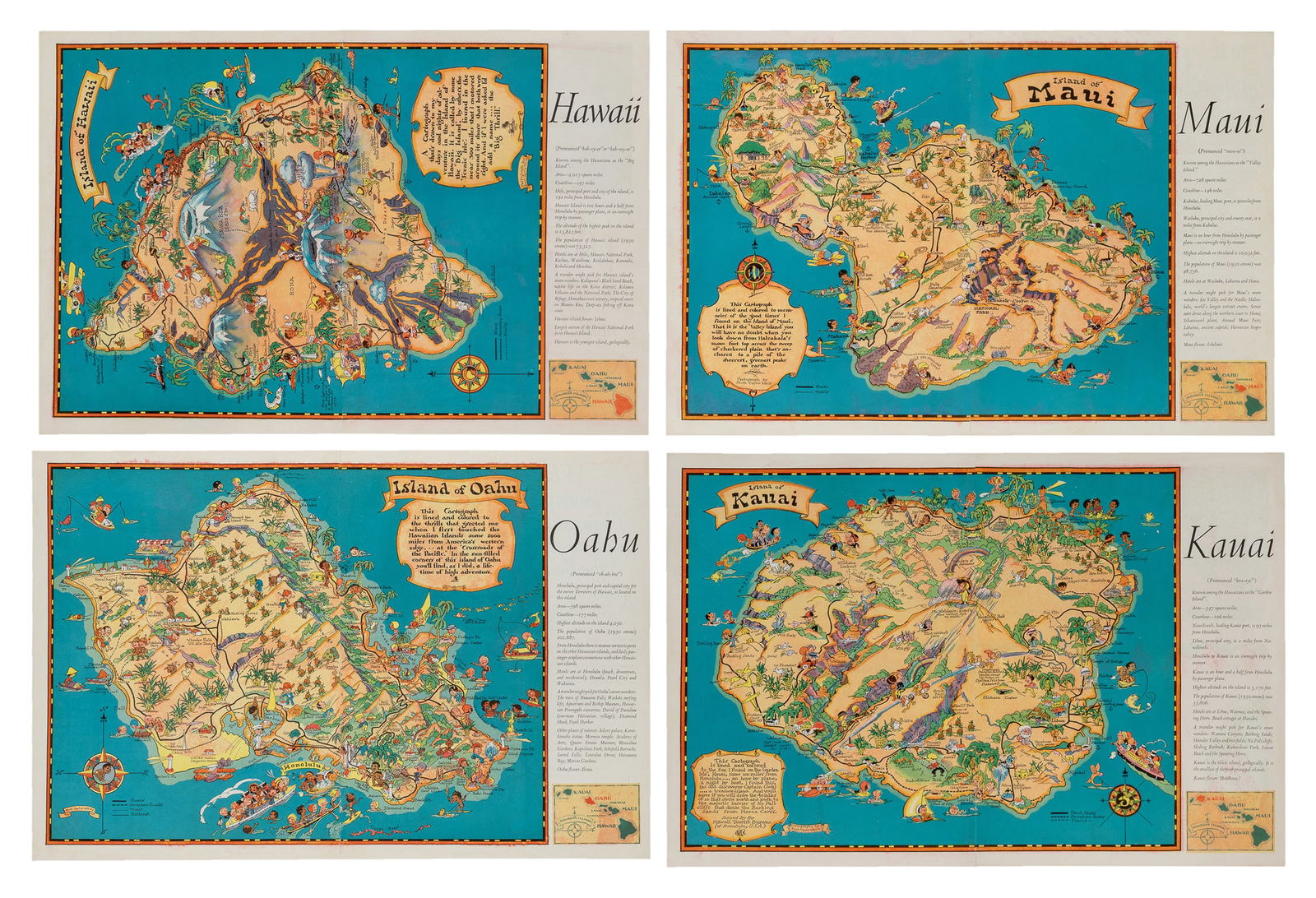 WHITE, Ruth Taylor (1896 - 1985). Four Hawaiian Island Cartographs: Hawaii, Kauai, Maui, and Oahu.  (1 of 5)