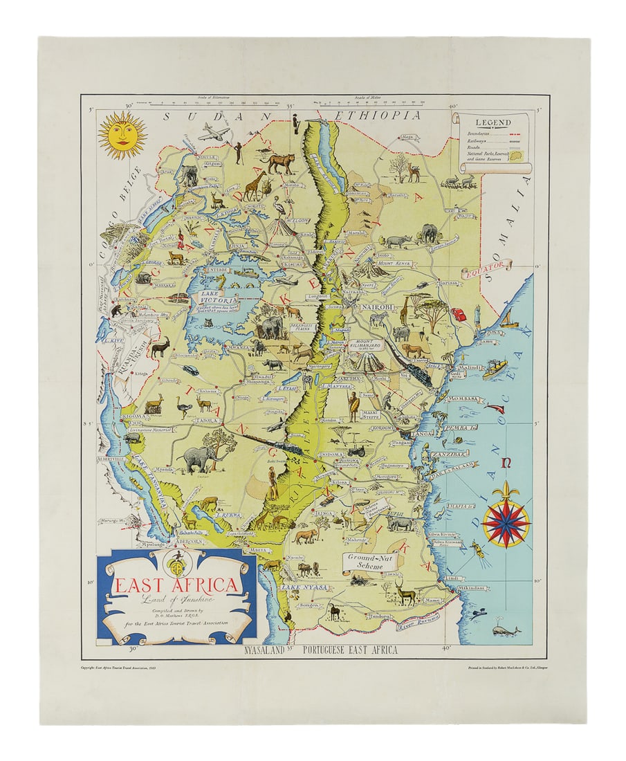 MATHEWS, Dennis Owen (1901-?). East Africa / Land of Sunshine. 1949.: MATHEWS, Dennis Owen (1901-?). East Africa / Land of Sunshine. 1949. Glasgow: Robert MacLehose & Co. Pictorial map of East Africa including Uganda, Kenya, and Tanganyika, illustrated with wildlife