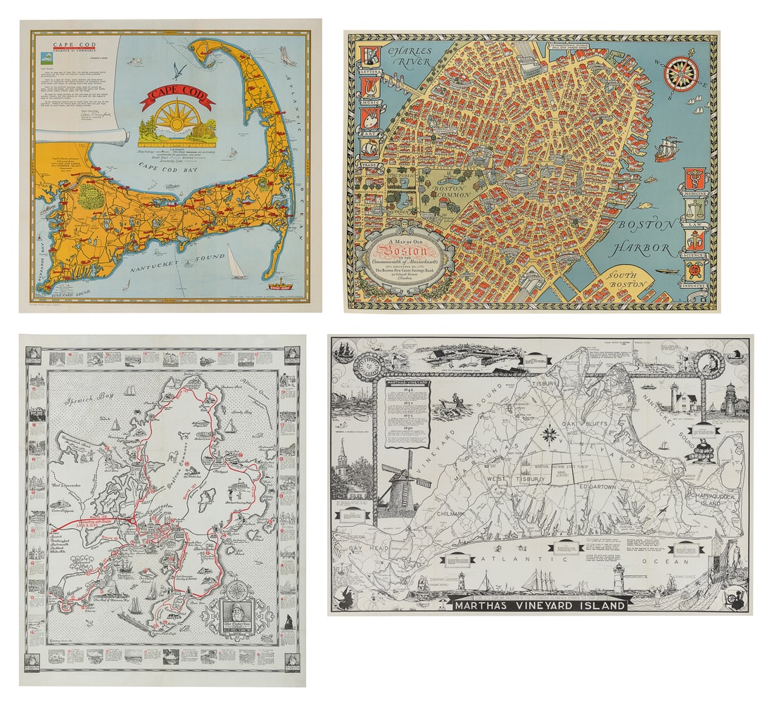 Four Massachusetts Area Pictorial¬†Maps.¬†Circa early to mid-20th century. (1 of 5)