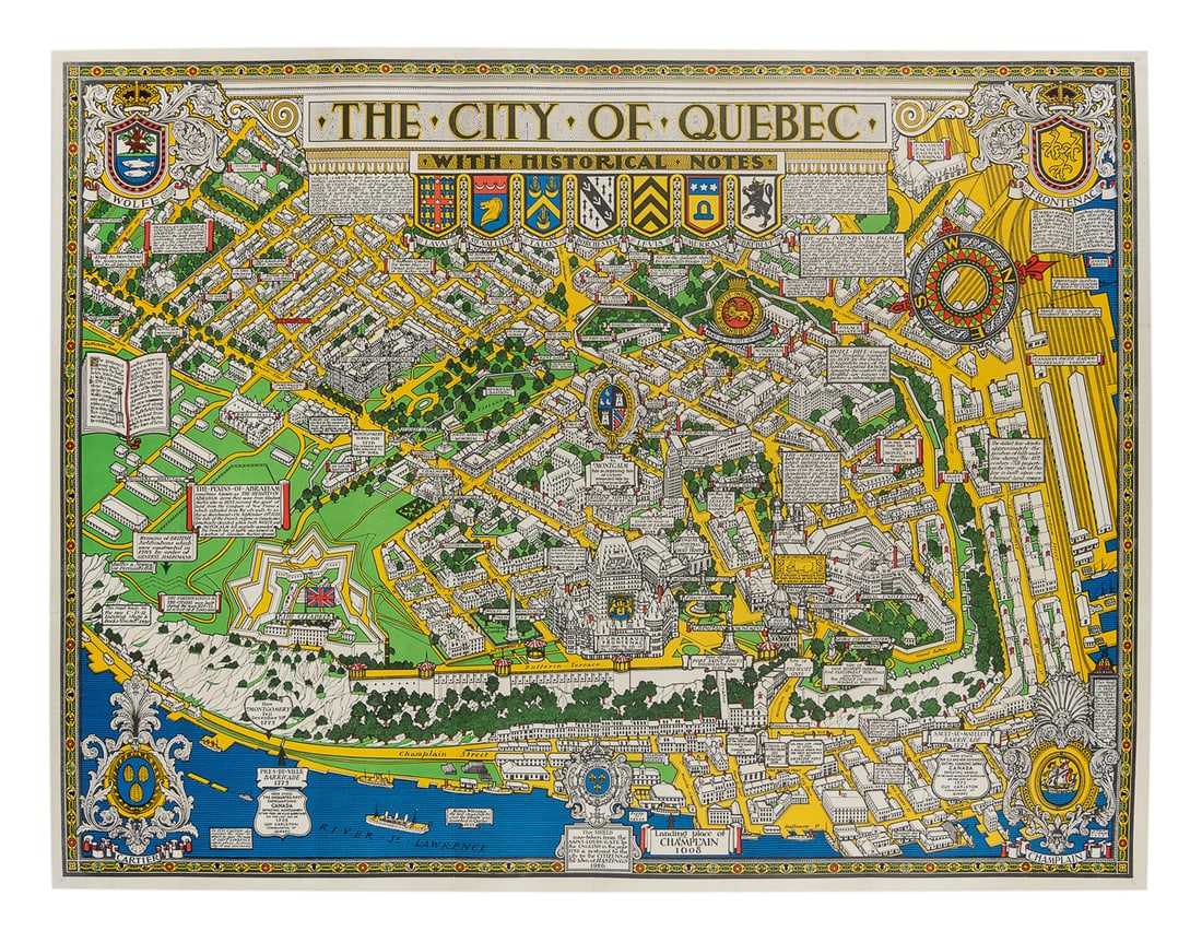 MAW, Samuel Herbert (1881-1952). City of Quebec with Historical Notes. 1932. : MAW, Samuel Herbert (1881-1952). City of Quebec with Historical Notes. 1932. Toronto: Alexander Litho Co. A vibrantly colored bird's eye view of Quebec City. Linen backed 26 x 34”.