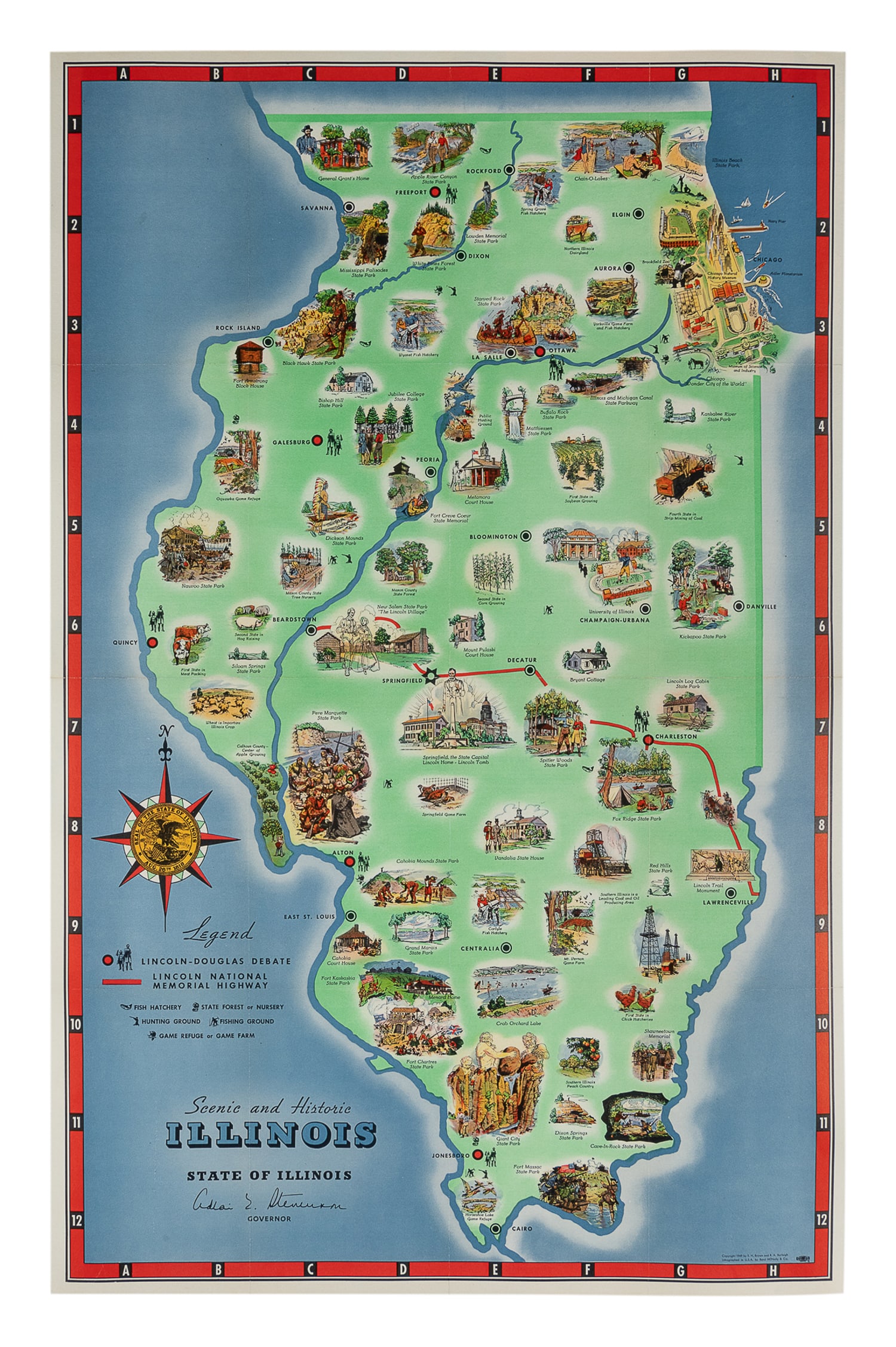 Scenic and Historic Illinois. 1949. : Scenic and Historic Illinois. 1949. Rand McNally & Co. Vibrant pictorial map of Illinois with vignettes illustrating the state's history and natural sites, with icons for fish hatcheries, hunting/fish