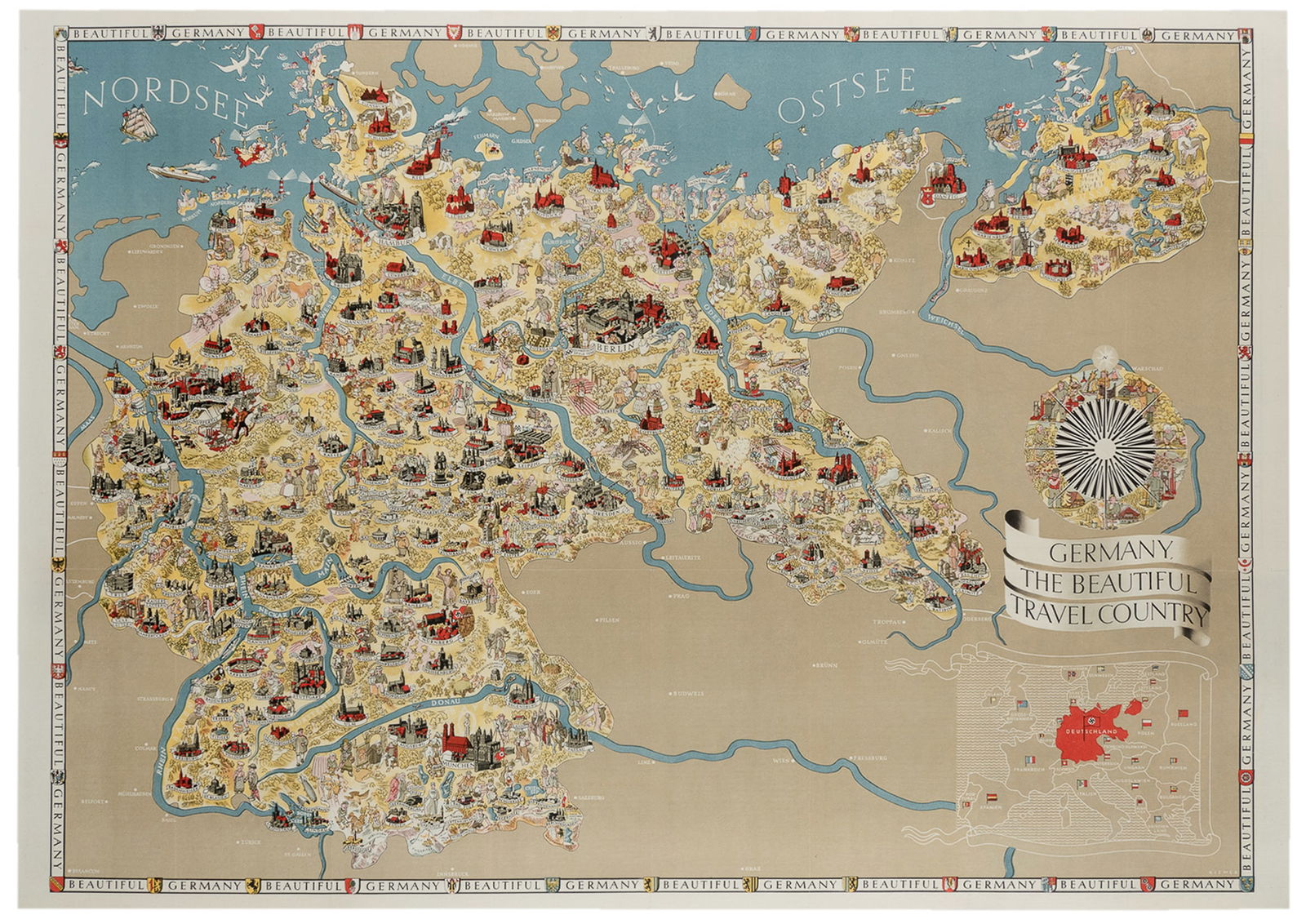 RIEMER, Walter. Germany, The Beautiful Travel County. 1936. : RIEMER, Walter. Germany, The Beautiful Travel County. 1936. Color offset lithograph. Reichsbahnzentrale fur den Deutschen Reiseverkehr (The German Railways Information Bureau). This pictorial map was