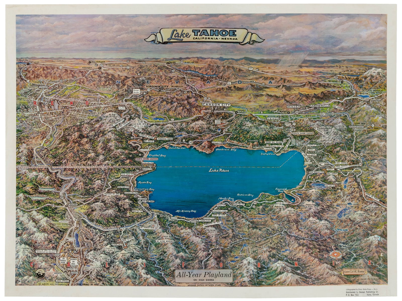 EDDY, Gerald (1889 - 1967). Lake Tahoe. 1965.: EDDY, Gerald (1889 - 1967). Lake Tahoe. 1965. Reno: Silver State Press / Donner Publishing. Detailed aerial poster map of Lake Tahoe and surrounding areas, after the painting by Eddy. Linen backed. 18