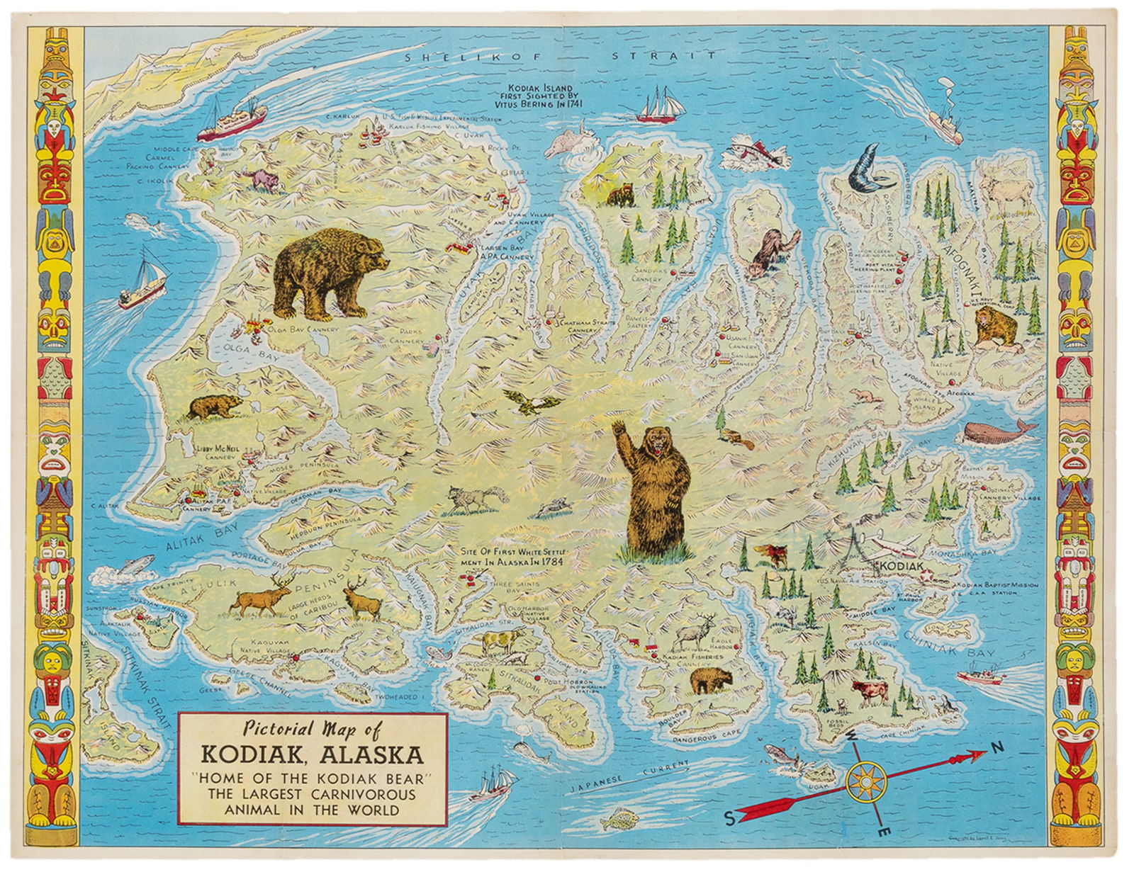 Pictorial Map of Kodiak, Alaska / " Home of the Kodiak Bear" the Largest Carnivorous Animal in the (1 of 1)