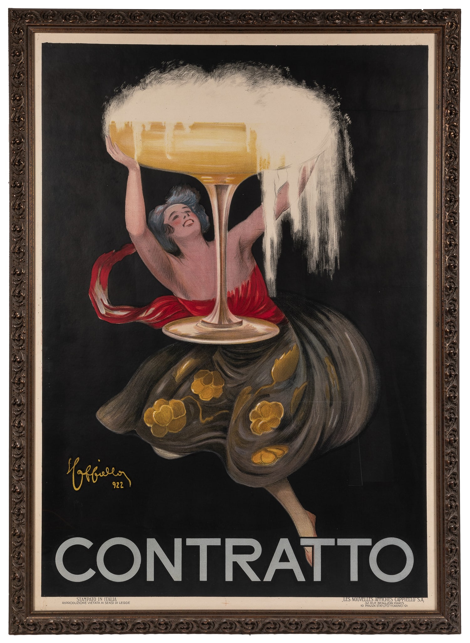CAPPIELLO, Leonetto (1875 ‚Äì 1942). Contratto. 1922.: CAPPIELLO, Leonetto (1875 – 1942). Contratto. 1922. [Paris: Imp. Devambez]. Color lithograph poster with the iconic illustration of an oversized and overflowing champagne glass held up by a woma