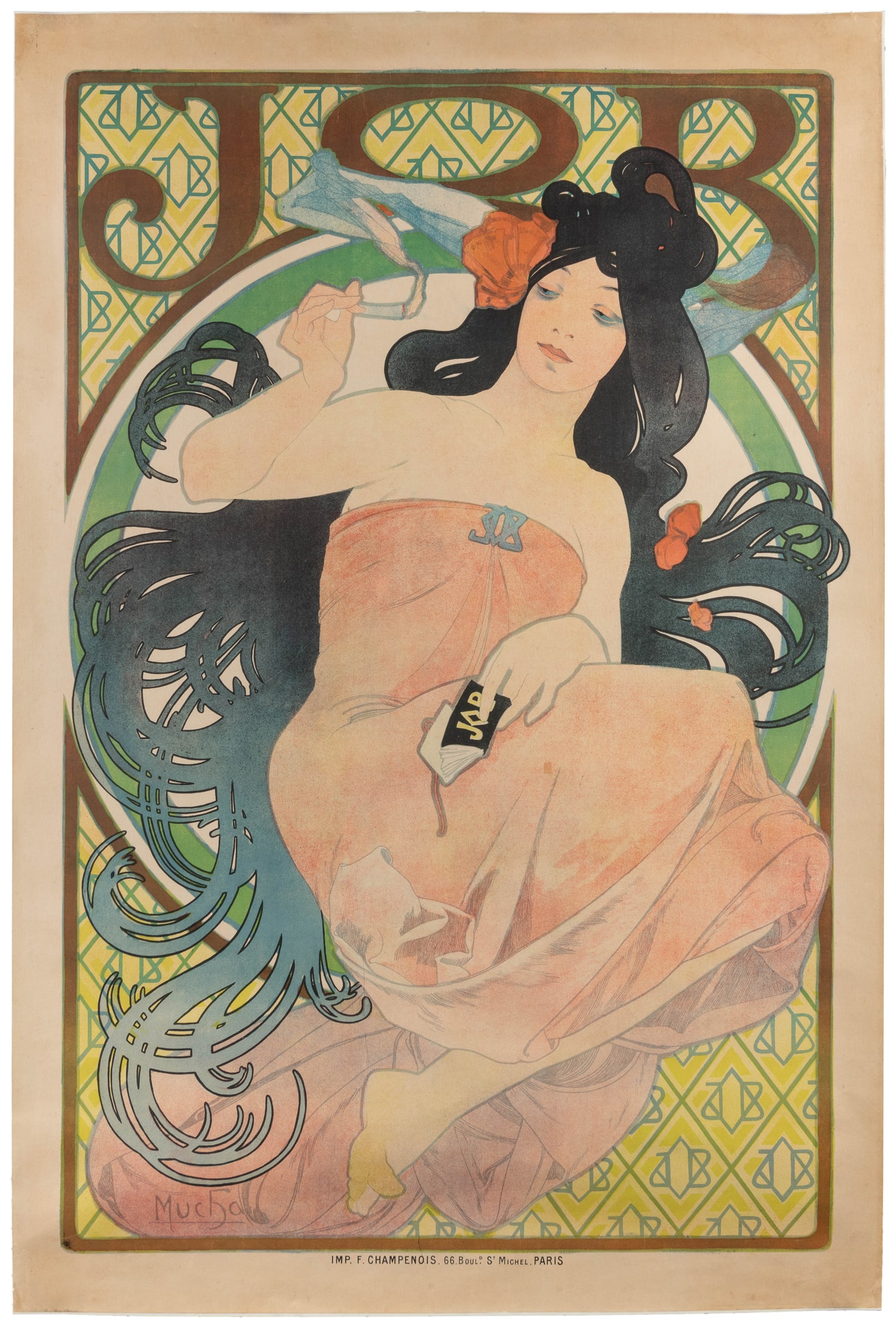 MUCHA, Alphonse (1860 – 1939). Job. 1898. : MUCHA, Alphonse (1860 – 1939). Job. 1898. Paris: F. Champenois. Classic Art Nouveau advertising poster showing a woman with a cigarette rolled with Job papers. Job is boldly printed across the t