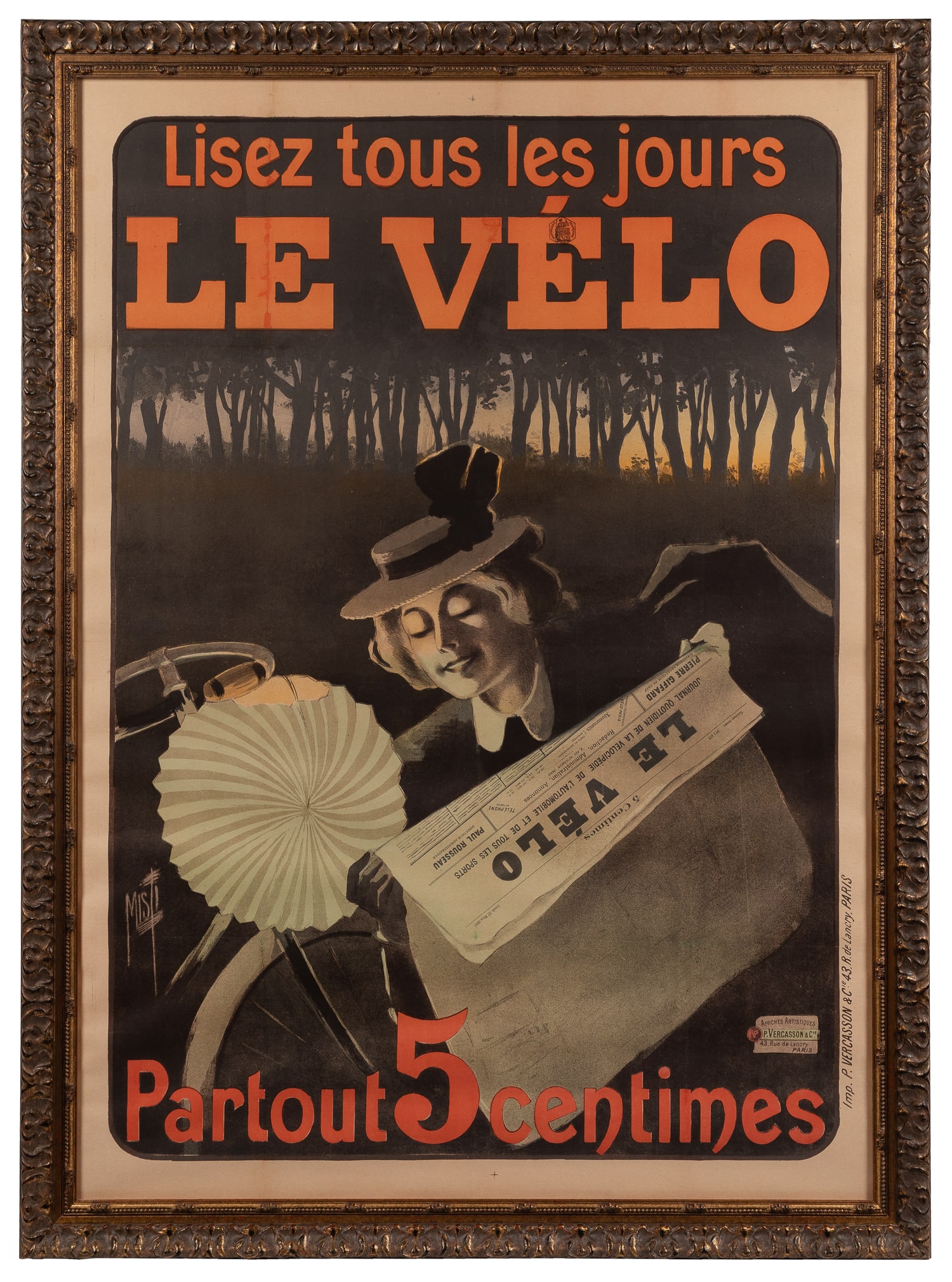 MISTI (Fernand Mifliez, 1865 - 1923). Le Velo.: MISTI (Fernand Mifliez, 1865 - 1923). Le Velo. 1897. Paris: Imp. Vercasson. Color stone lithograph poster depicts a woman beside her bicycle, stopping to read "Le Velo." Framed, 5