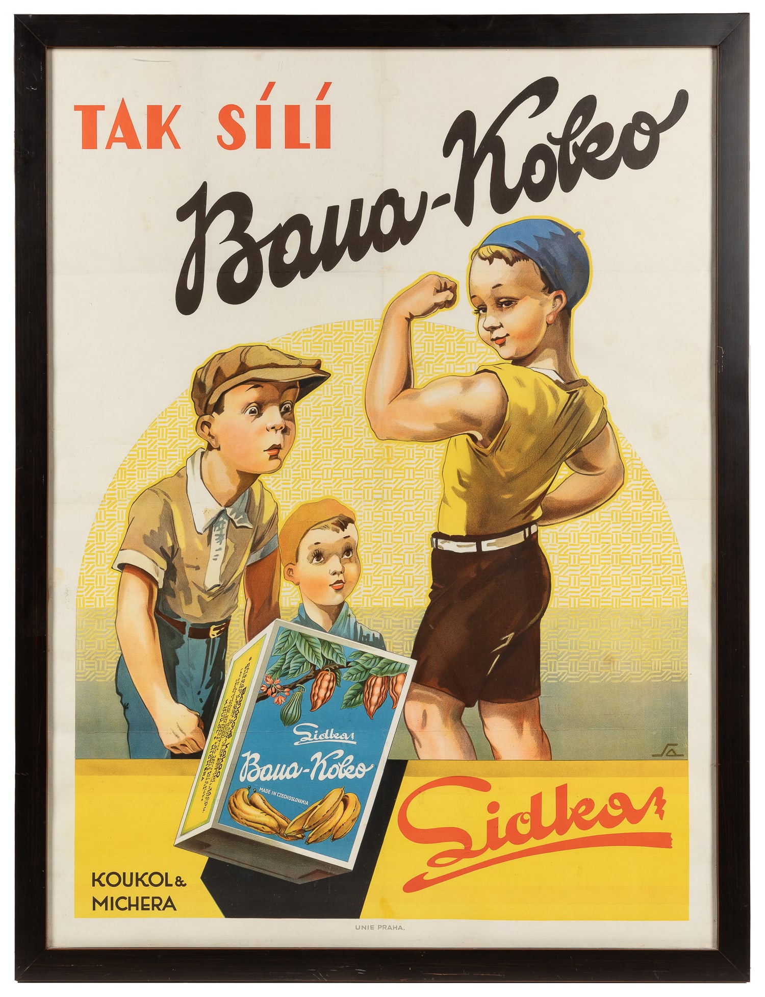 Tak Sili Baua Koko. Prague, ca. 1930s.: Tak Sili Baua Koko. Prague, ca. 1930s. Monogram "SA" at lower right. Color lithograph Czech food advertising poster with a whimsical illustration of a boy flexing his bicep for friends. Framed,