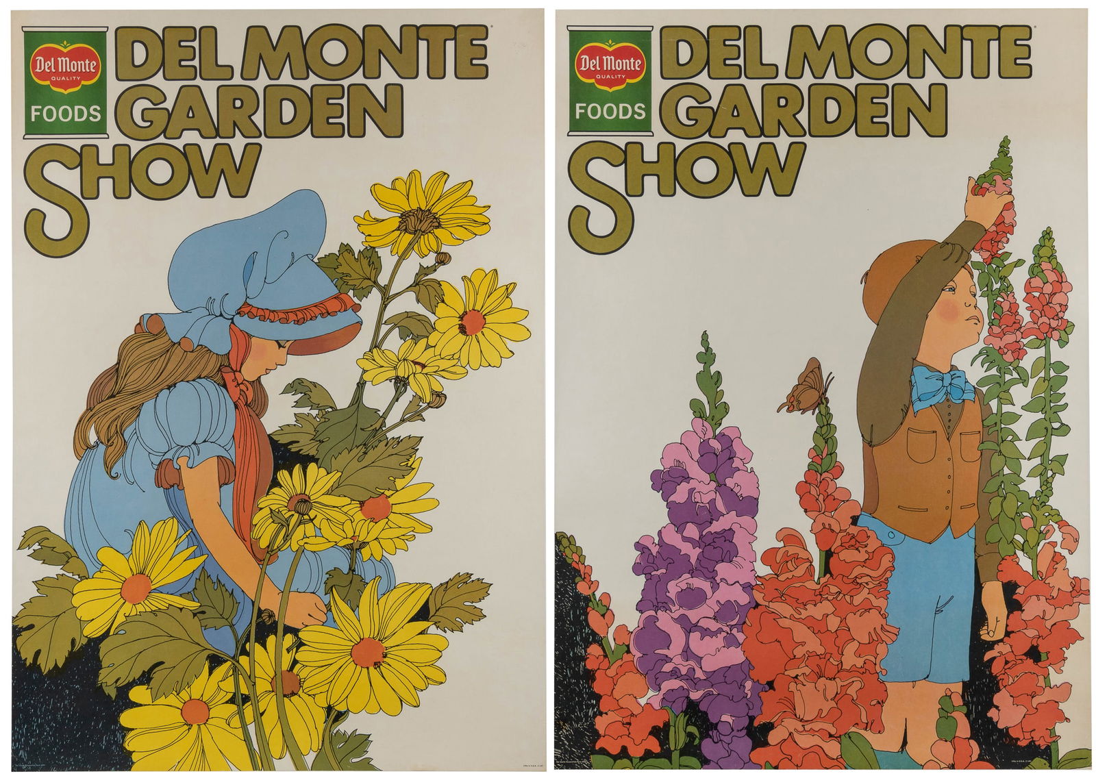 Del Monte Garden Show. Two posters.: Del Monte Garden Show. Two posters. 1969. Grocery promotional posters with charming anonymous illustrations of a girl and boy gardening. Both linen backed. 34 3/4 x 24".