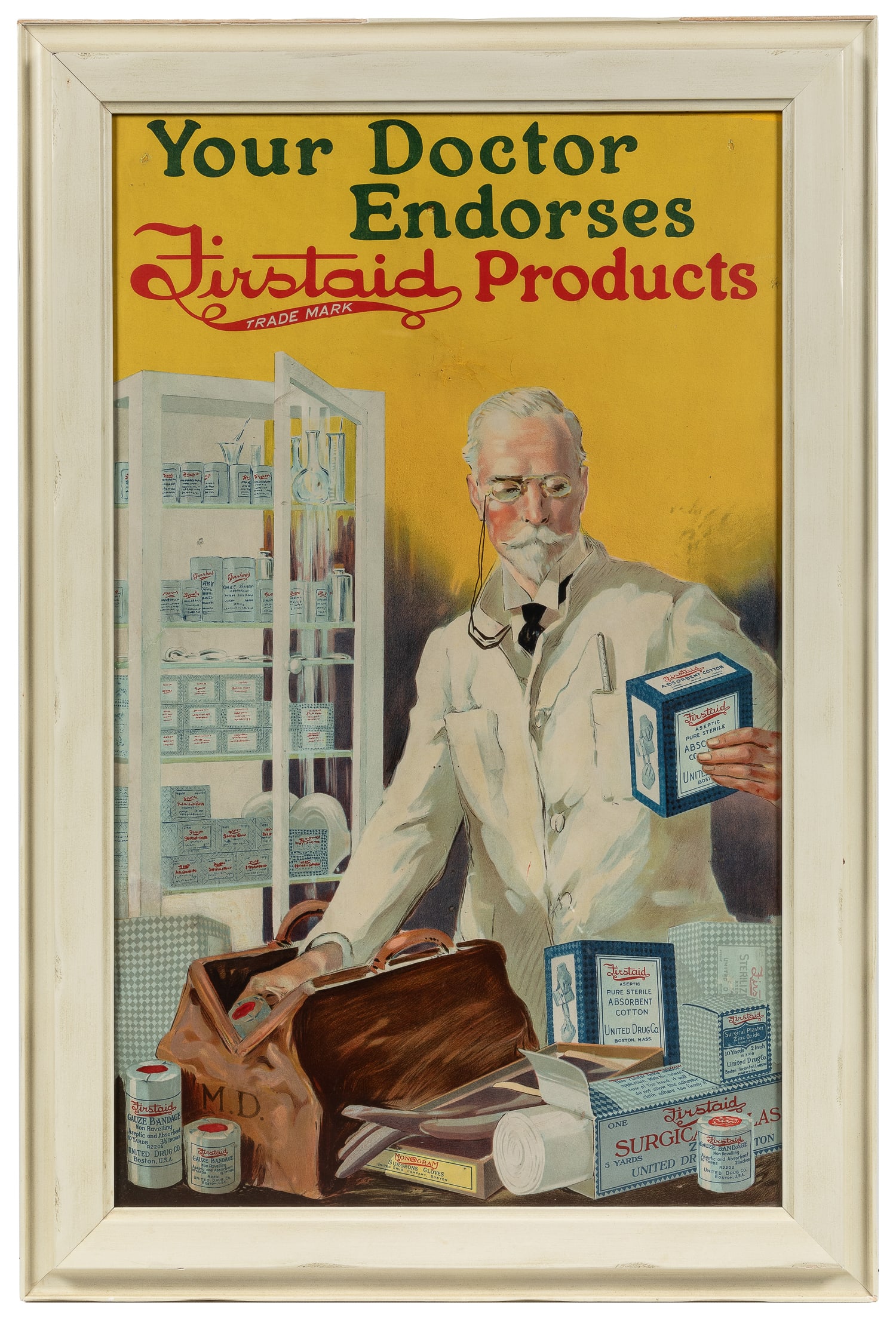 Your Doctor Endorses Firstaid Products.: Your Doctor Endorses Firstaid Products. Circa 1920s. Color lithograph advertising poster depicting a doctor loading Firstaid products from the United Drug Co., Boston, into his bag. Framed, 38 x 25";