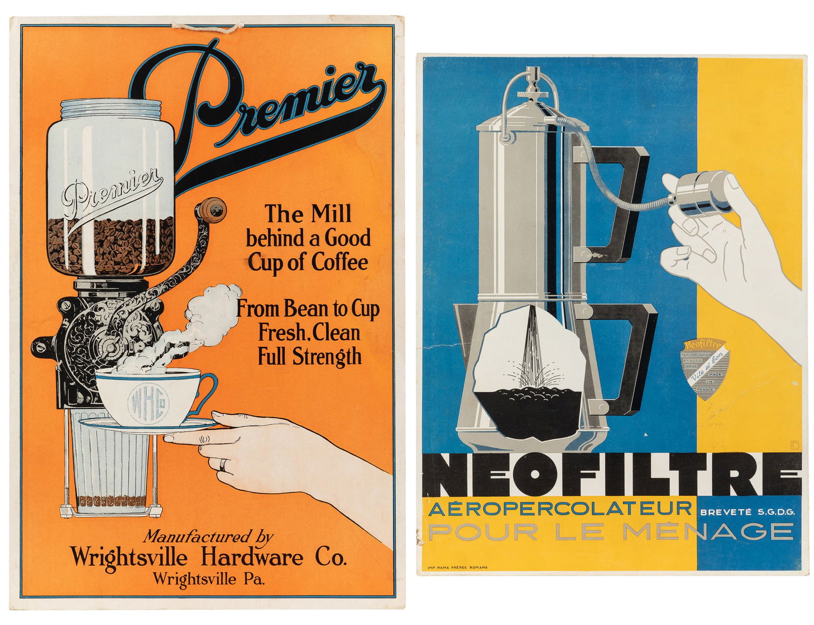 Two coffee advertising window cards.: Two coffee advertising window cards. Circa 1920s-30s. Including: Premier. The Mill Behind a Good Cup of Coffee. Wrightsville Hardware Co., Wrightsville, Pa. Hanging poster displaying a coffe