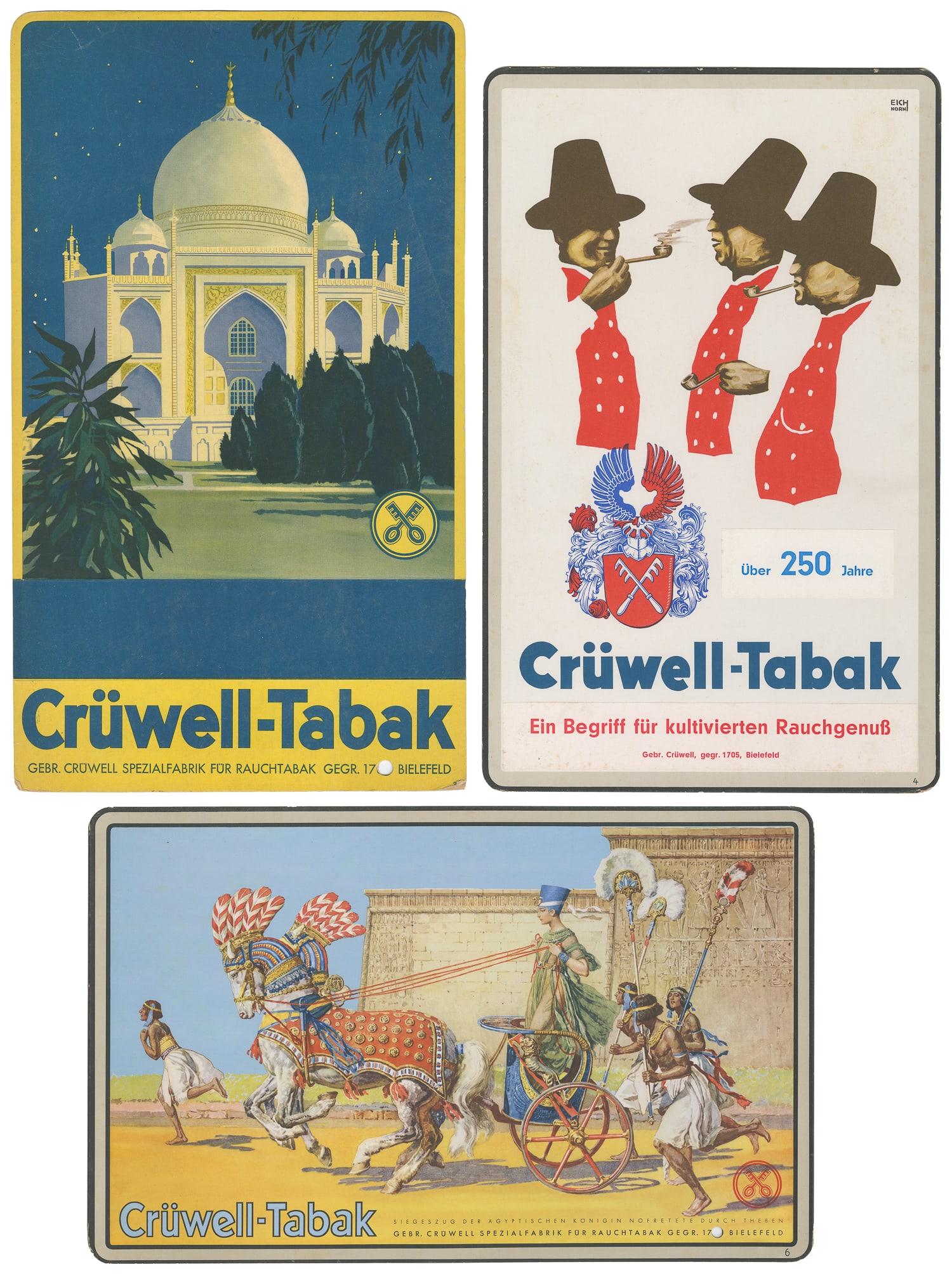Cruwell-Tabak. Three standees.: Cruwell-Tabak. Three standees. Circa 1930s. Color lithograph tobacco advertising standees, one with an illustration by Eichhorn.Each approx. 15 x 9 1/2". 