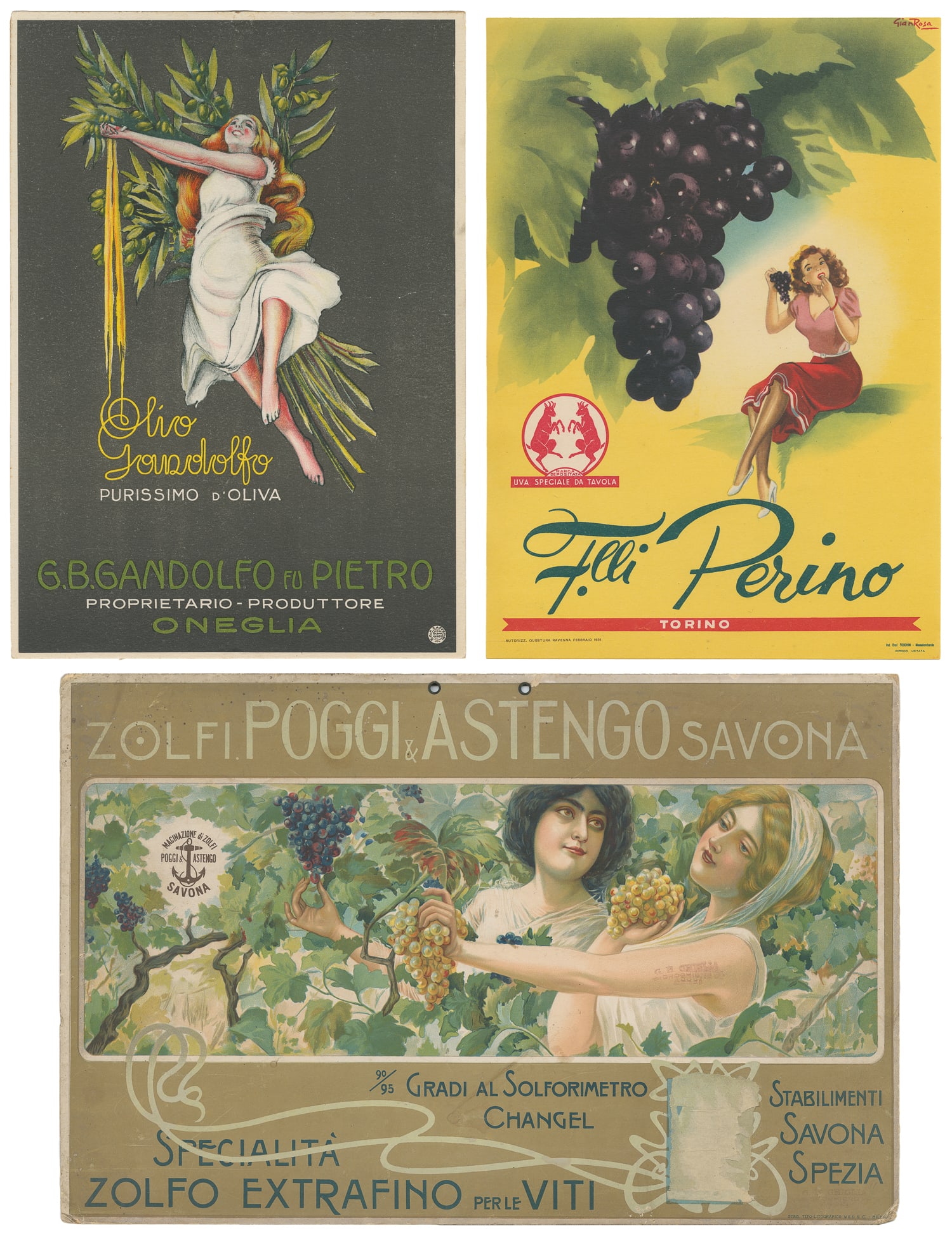 Trio of Italian food cartones.: Trio of Italian food cartones / small posters. Italy, ca. 1900s-50s. Including:Zolfi Poggi & Astengo Savona. Milan: Wild & C. Olio Gandolfo. Palermo: F.