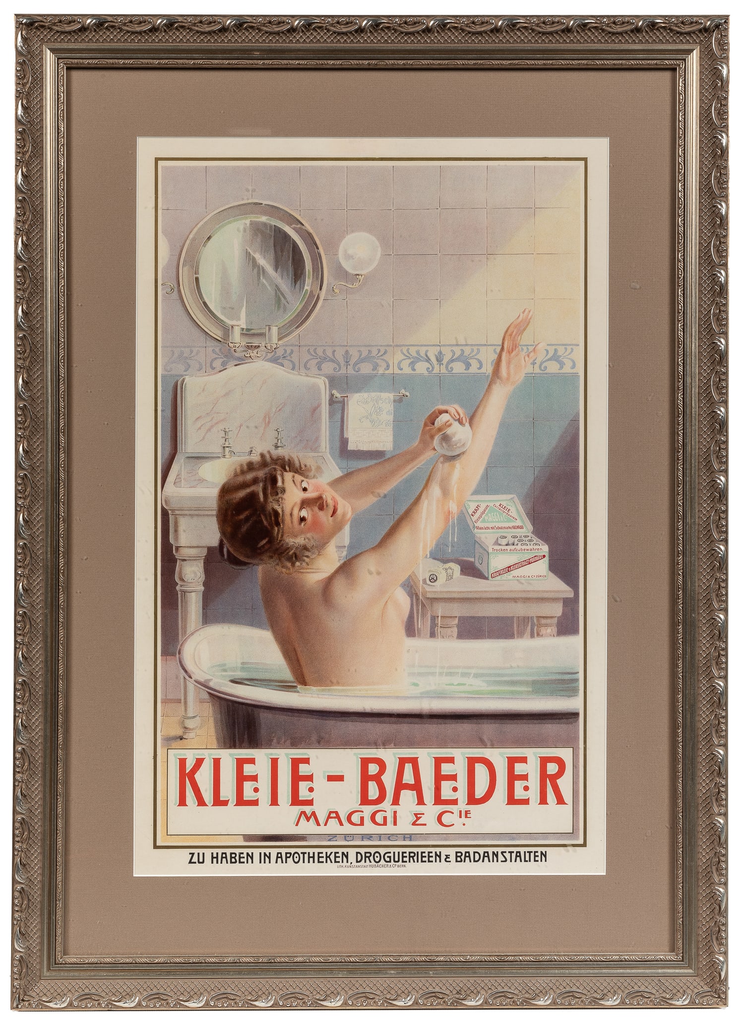 Kleie-Baeder / Maggi & Cie.: Kleie-Baeder / Maggi & Cie. Bern: Hubacher & Co., ca. 1900s. Color lithograph poster illustrated with a woman using Maggi Bran Extract.Framed (Plexiglas), 34 x 24 1/4"; sight 25 1/2