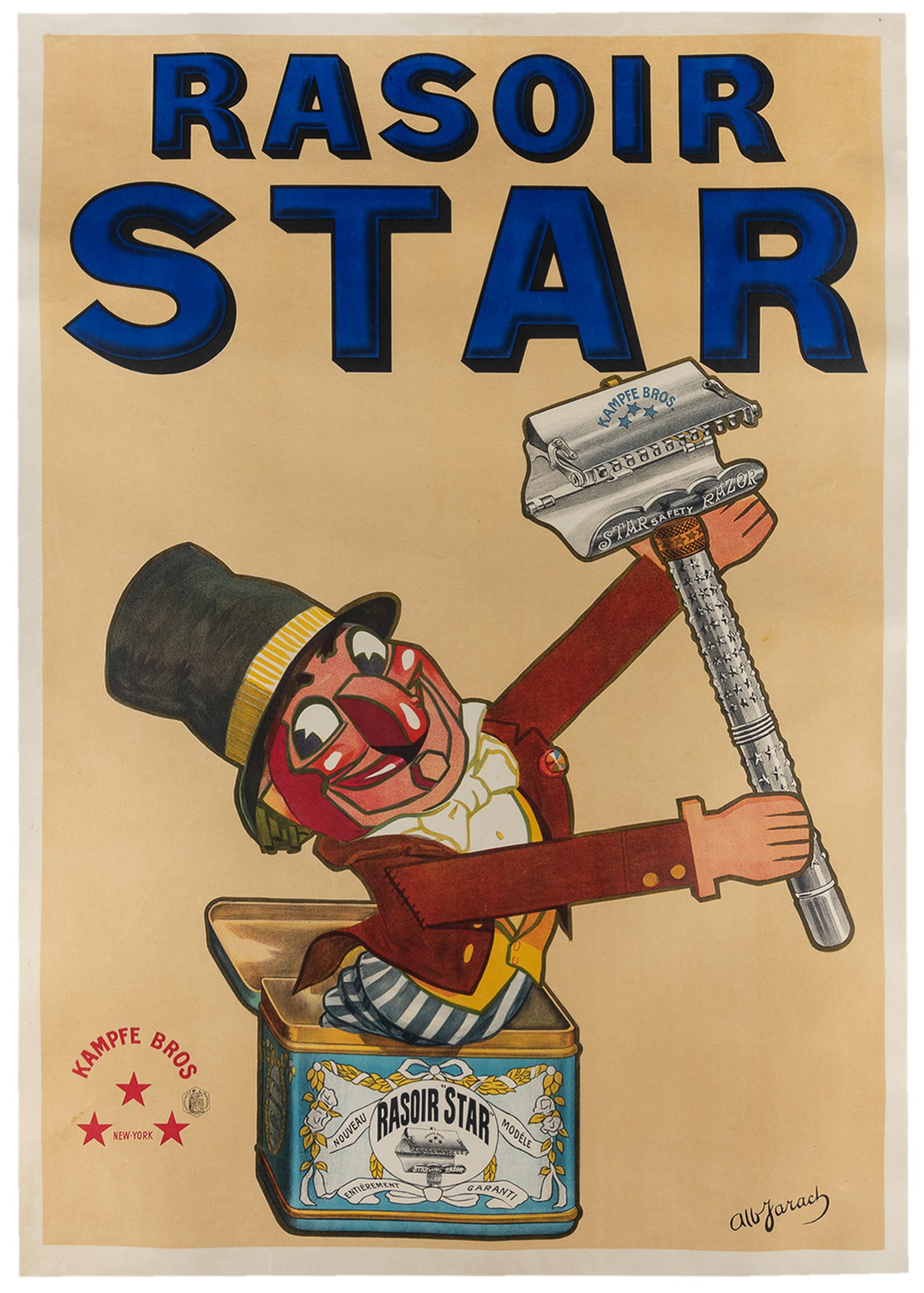 JARACH, Albert (1874 - 1962). Rasoir Star.: JARACH, Albert (1874 - 1962). Rasoir Star. Circa 1900s. Color lithograph poster advertising Star Razors by Kampfe Brothers, New York, illustrated with a jack in the box holding a shaving