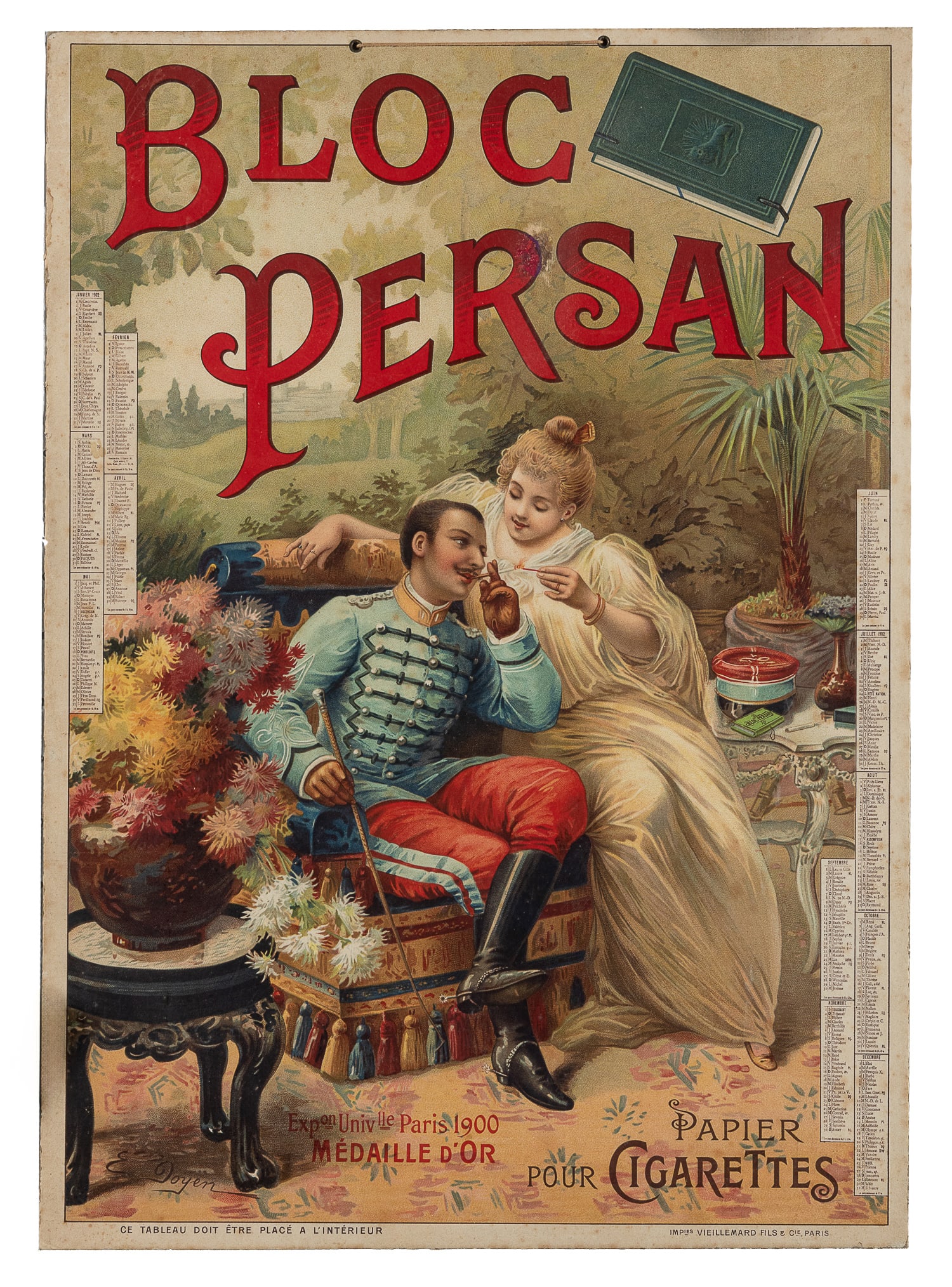 DOYEN, E. Bloc Persan / Papier pour Cigarettes. 1902.: DOYEN, E. Bloc Persan / Papier pour Cigarettes. 1902. Paris: Vieillemard Fils & Cie. Lithograph cartone / point of purchase hanging poster, calendar for 1902 printed in the margins. 18