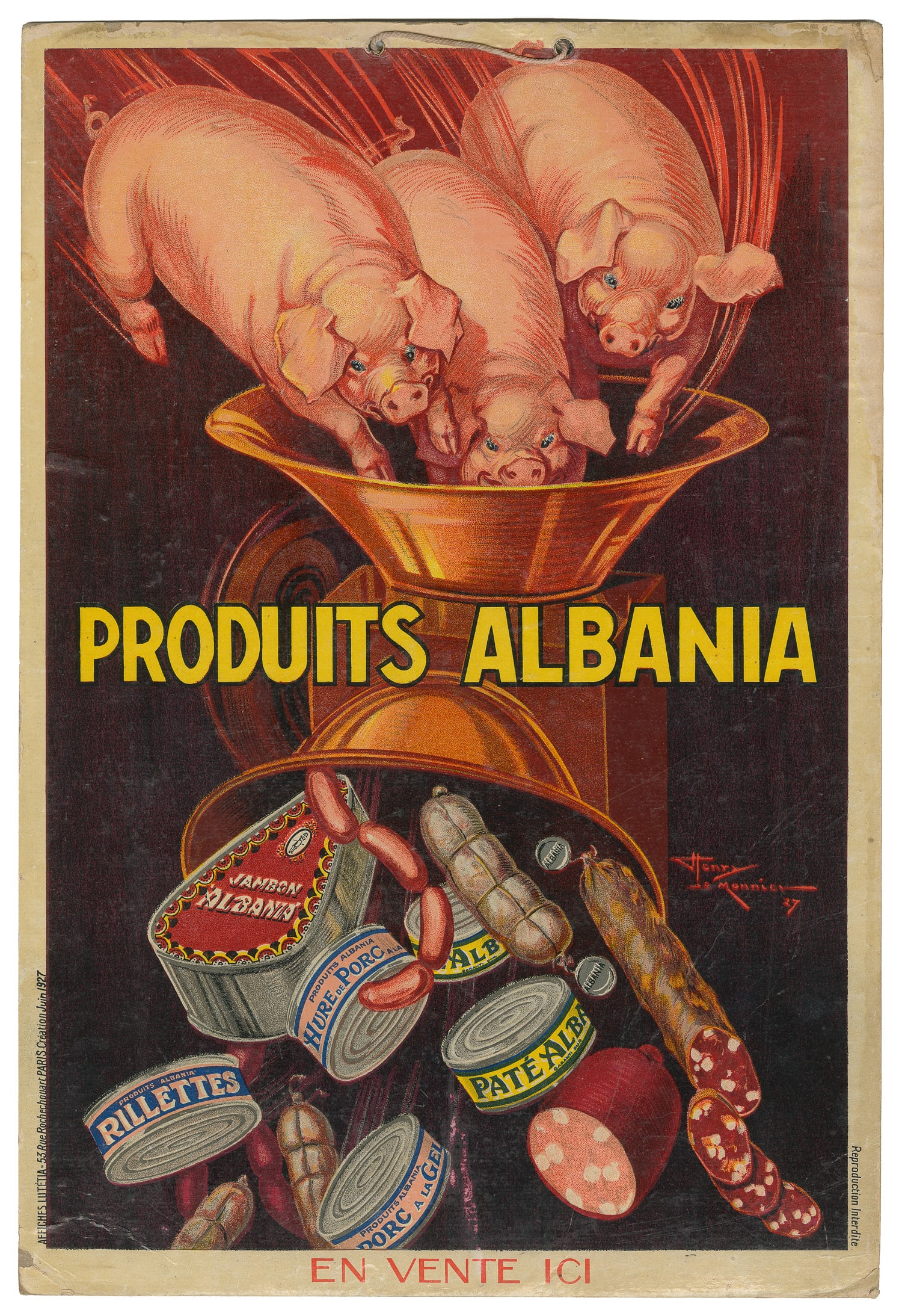 LE MONNIER, Henry (1893 - 1978). Produits Albania. 1927. : LE MONNIER, Henry (1893 - 1978). Produits Albania. 1927. Paris: Affiches Lutetia. Lithograph hanging display / point of purchase sign depicting pigs leaping into a meat grinder with sausages and