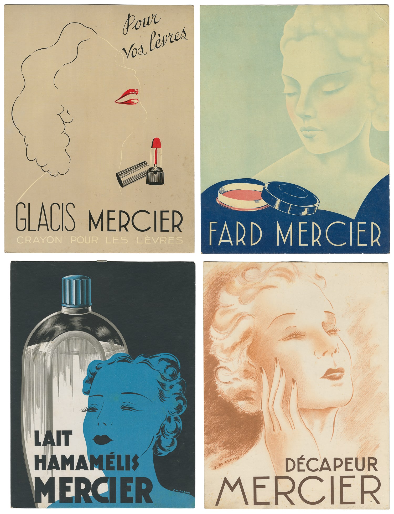 Mercier. Group of 4 beauty product cartones.: Mercier. Group of 4 beauty product cartones. France, ca. 1930s. Four lithograph advertising signs / point of purchase displays for Mercier makeup. 12 1/4 x 9 1/4".