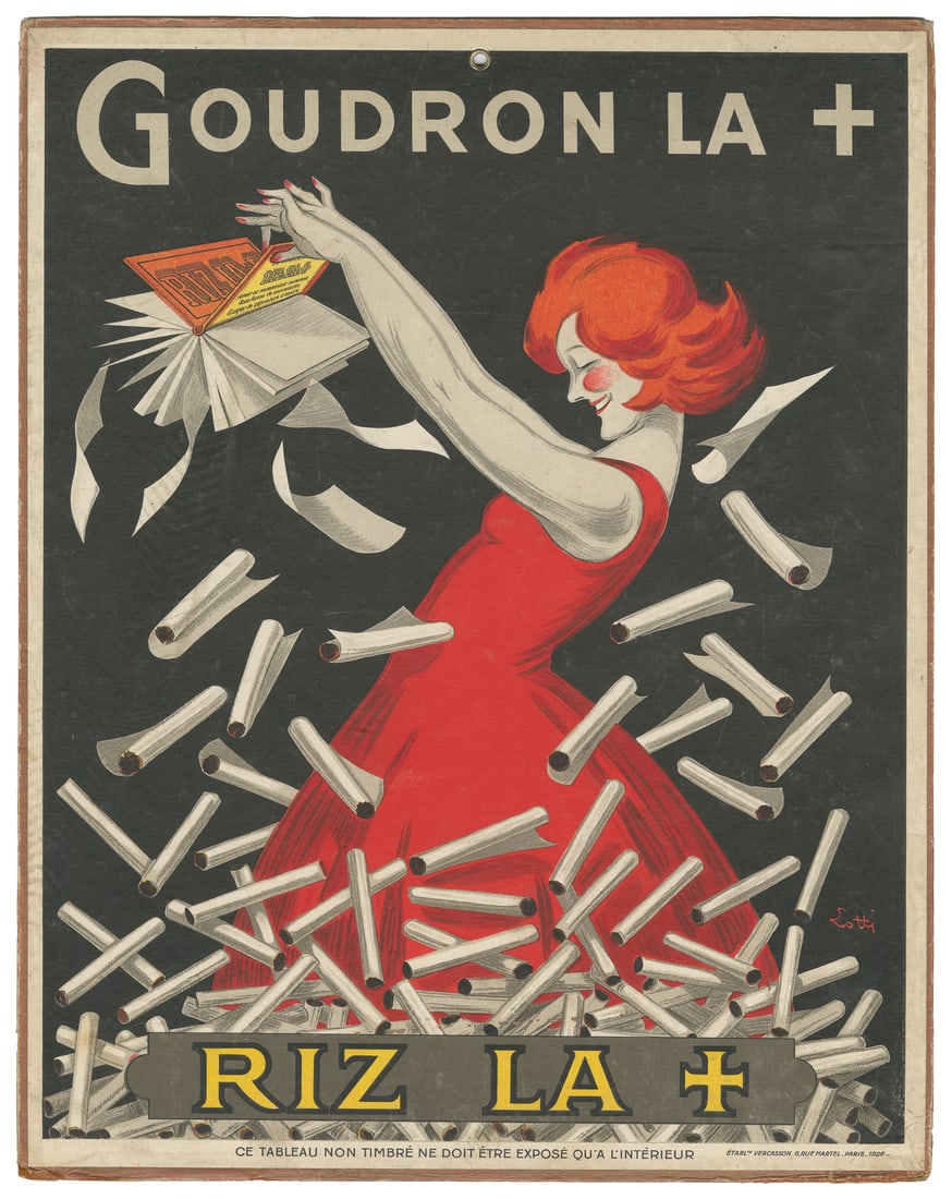 LOTTI, Bello. Goudron La+ / Riz La. 1926.: LOTTI, Bello. Goudron La+ / Riz La. 1926. Paris: Vercasson. Color lithograph cartone / point of purchase display, on cardstock, with grommet at top center. 14 3/4 x 11 1/2".