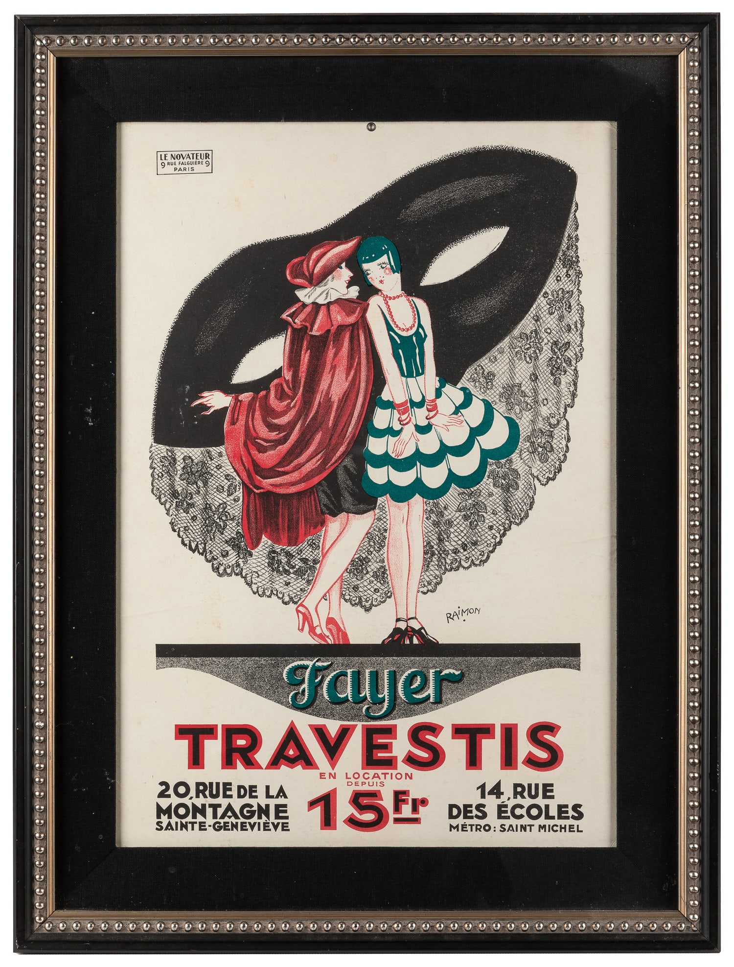 RAIMON. Fayer / Travestis.: RAIMON. Fayer / Travestis. Paris: Le Novateur, ca. 1930s. In-store display poster, hole-punched with grommet at upper center as issued, advertising this costume shop. Framed, 19 x 13" (sight);