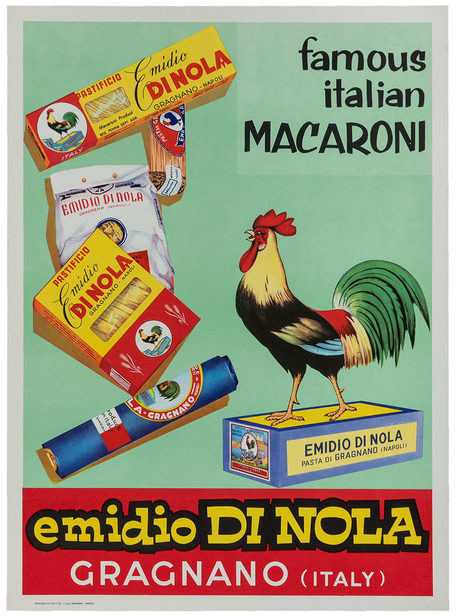 Emidio Di Nola. Famous Italian Macaroni. Italy, circa 1950s.: [FOOD]. Emidio Di Nola. Famous Italian Macaroni. Italy, circa 1950s. Food advertisement poster with an array of packaged pasta products made