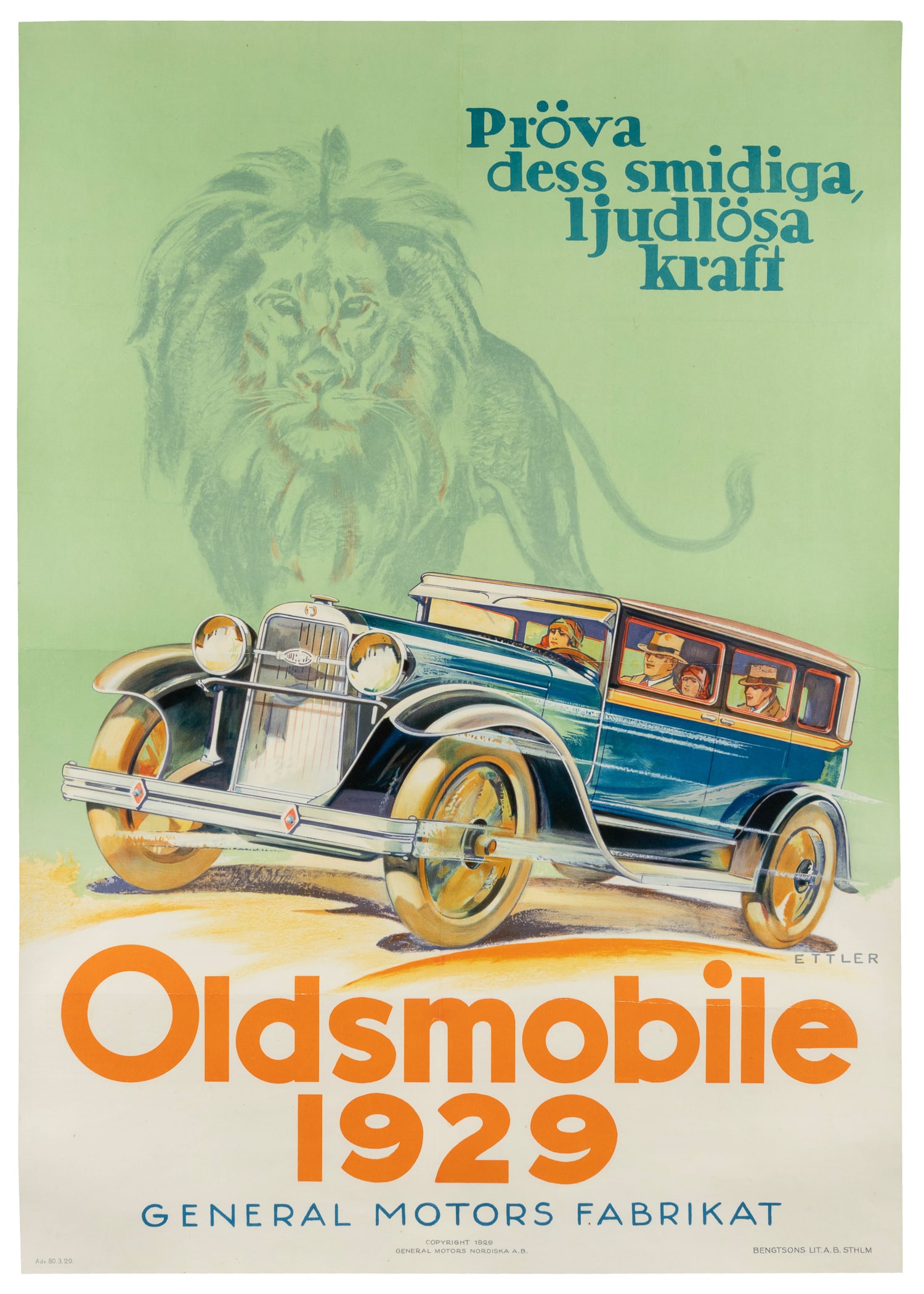 ETTLER, Max (1879–1952). Oldsmobile Advertisement Poster. 1929. : ETTLER, Max (1879–1952). Oldsmobile Advertisement Poster. 1929. Swedish language color lithograph featuring a blue Oldsmobile sedan with two couples. “Try its smooth, silent power.”