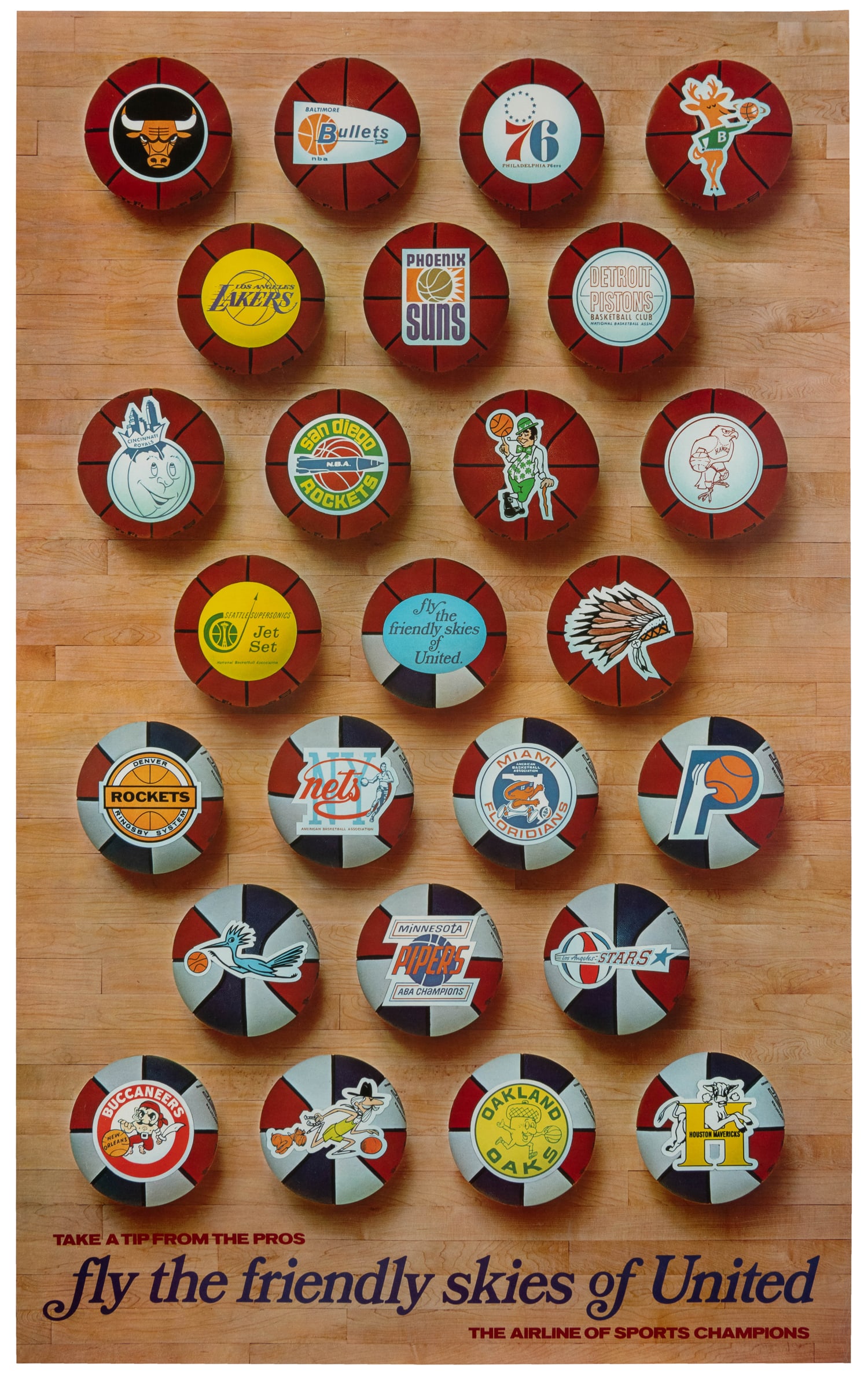 Fly the Friendly Skies of United / Airline of Sports Champions.: Fly the Friendly Skies of United / Airline of Sports Champions. Circa 1968. Airline poster with logos of ABA and NBA franchises on basketballs with hardwood background. A desirable poster from th