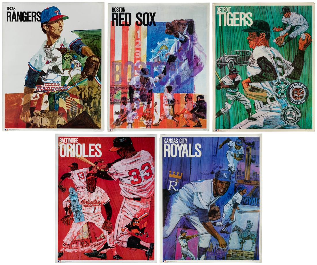 Five Major American League Baseball Team Posters. 1971. : [MLB]. Five Major American League Baseball Team Posters. 1971. ProMotions, Inc. Teams include the Baltimore Orioles, Boston Red Sox, Detroit Tigers, Kansas City Royals, and Texas Rangers. Creasing,
