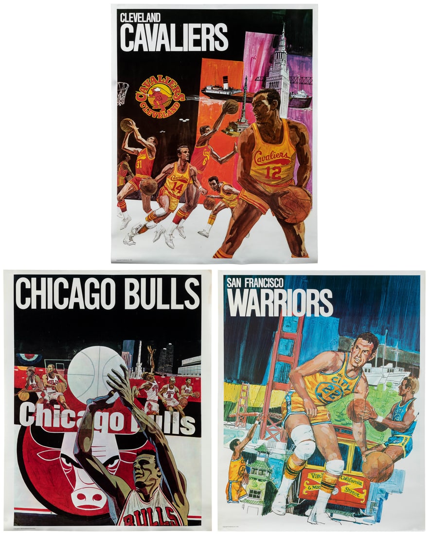 Trio of NBA Team Posters. ProMotions, Inc. and Bendelow & Associates. 1969/1970.: [NBA]. Trio of NBA Team Posters. ProMotions, Inc. and Bendelow & Associates. 1969/1970. Including the Cleveland Cavaliers, the San Francisco Warriors, and the Chicago Bulls. Edge wear and abrasions