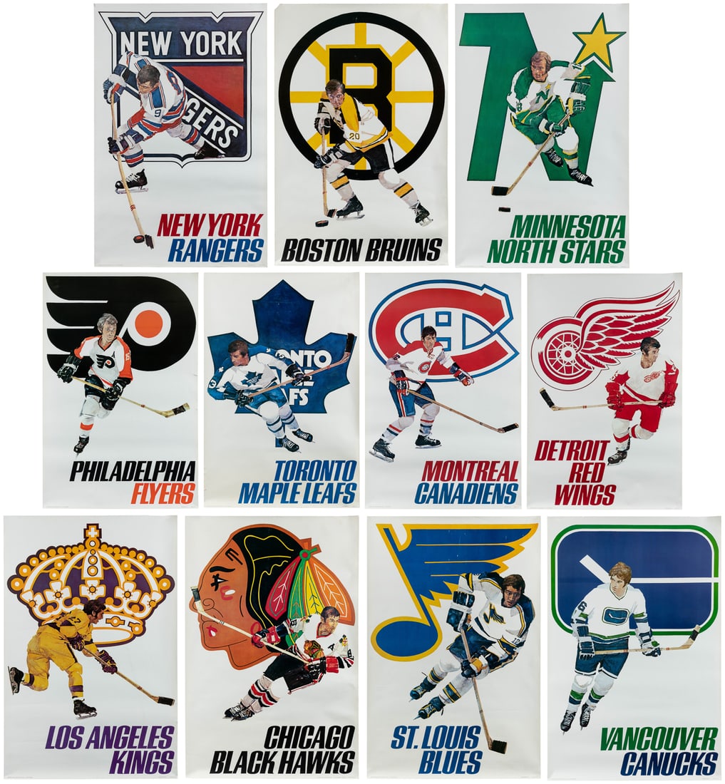 Eleven NHL Hockey Team Posters. 1971/1973.: [NHL]. Eleven Hockey Team Posters. 1971/1973. SportsGraphics Inc. Includes the New York Rangers, Minnesota North Stars, Boston Bruins, Los Angeles Kings, St. Louis Blues, Vancouver Canucks, Chicago