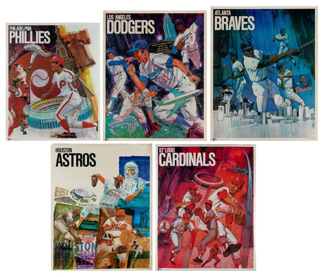 Five National League Baseball Team Posters. ProMotions, Inc, 1971.: [MLB]. Five National League Baseball Team Posters. ProMotions, Inc, 1971. Teams include the Philadelphia Phillies, Houston Astros, St. Louis Cardinals, Atlanta Braves, and the L.A. Dodgers. Creasing,