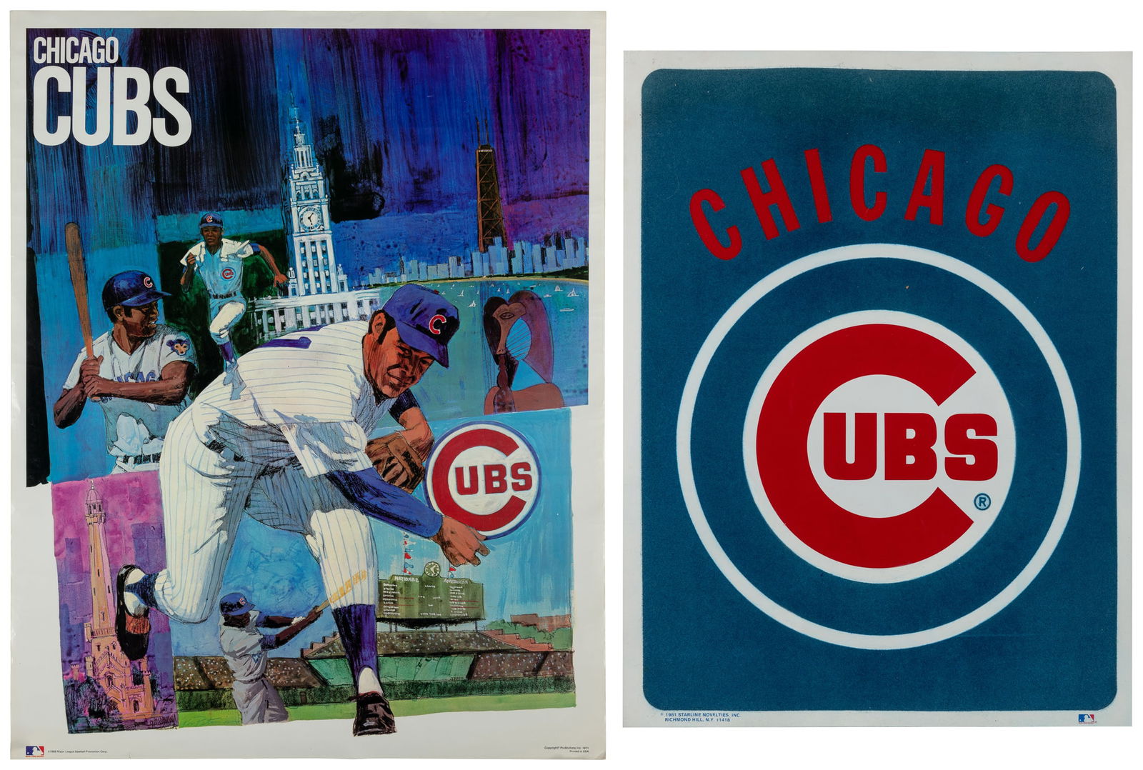 Chicago Cubs. Two vintage posters.: Chicago Cubs. Two vintage posters. Including:Chicago Cubs. Starline Novelties, 1981. Logo poster with felt surface. 23 x 17 1/2". Linen backed.Chicago Cubs. ProMotions, 1971. 28