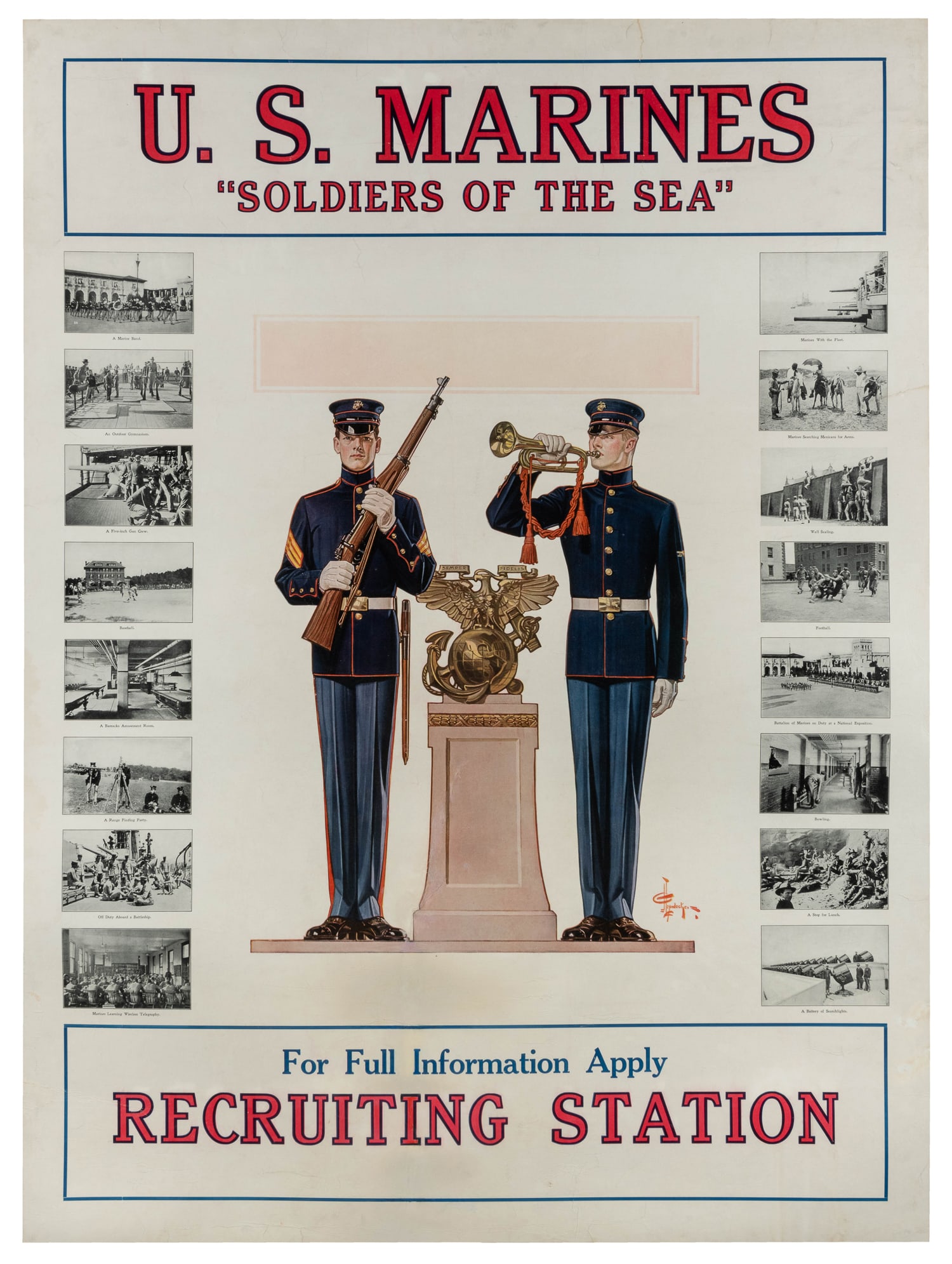 LEYENDECKER, Joseph C. (1874 - 1951). U.S. Marines / Soldiers of the Sea.: LEYENDECKER, Joseph C. (1874 - 1951). U.S. Marines / Soldiers of the Sea. Circa 1917. Color offset lithograph recruiting poster with central illustration of Marines, and black and white scenes