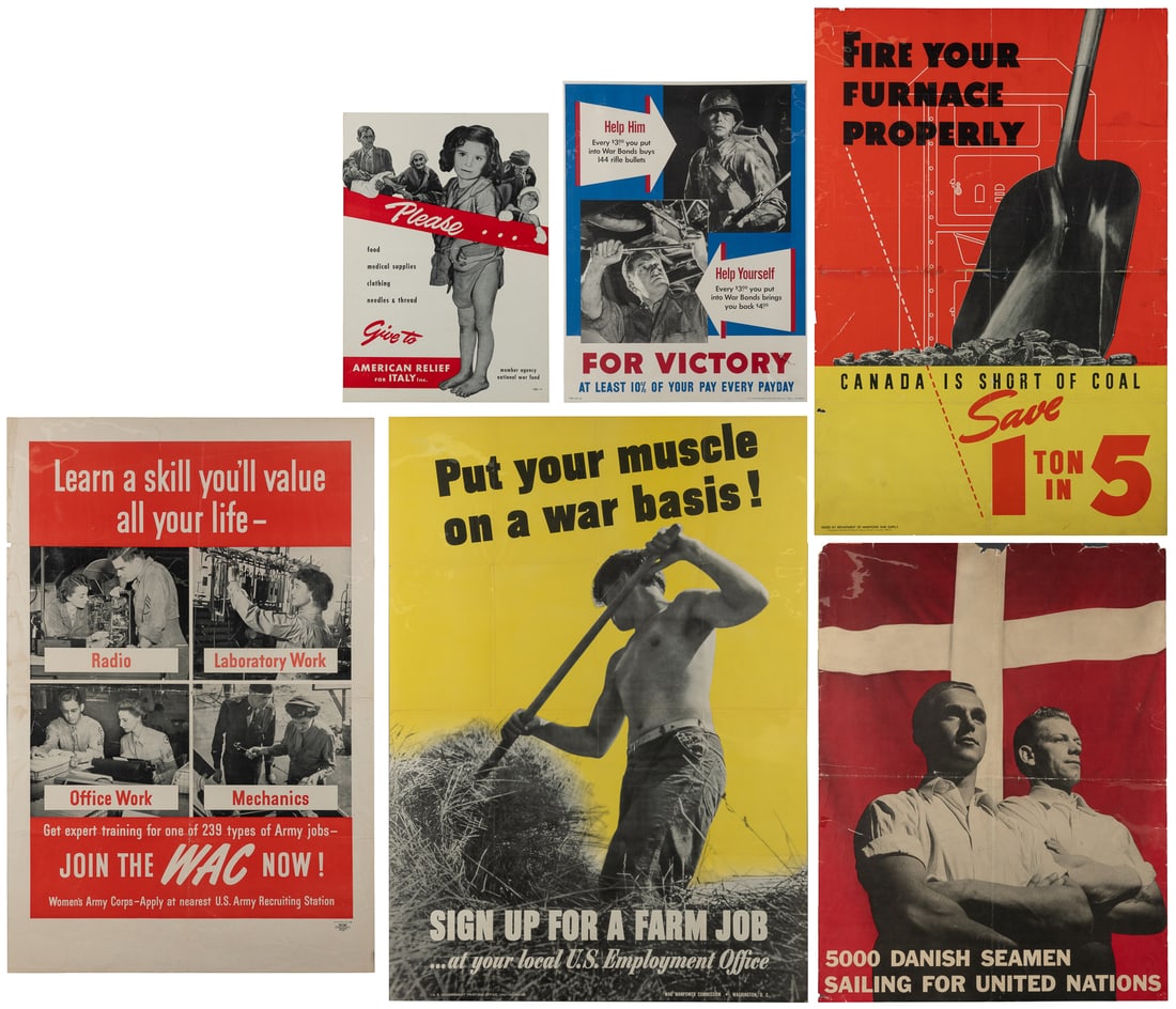 Group of 13 World War II American and European posters.: Group of 13 World War II American and European posters. 1940s. Group of American, Canadian, and Danish posters, including one with a photo by Louise Dahl-Wolfe. Size of largest 28 x 40". Pap