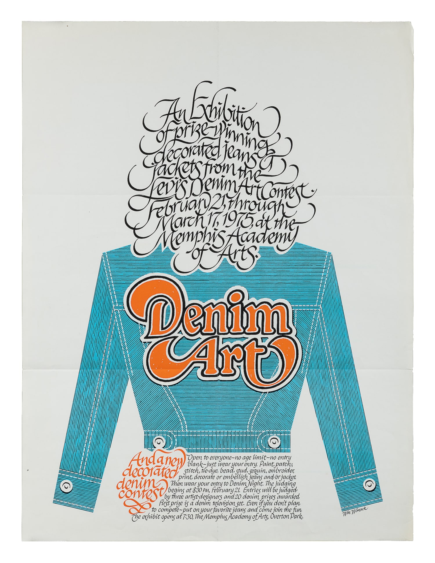 WOMACK, William. Denim Art. 1975. : WOMACK, William. Denim Art. 1975. Exhibition poster for prize winning jeans and jackets from the Levi's Denim Art Contest at the Memphis Academy of Arts. Paper. 24 x 18". Typed address to Mr. and Mrs.