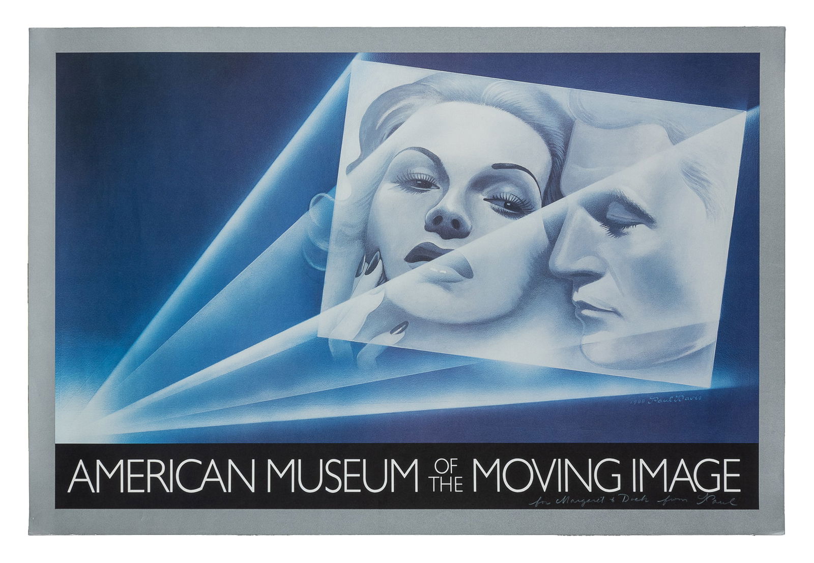 DAVIS, Paul (b. 1938). American Museum of the Moving Image. 1988.: DAVIS, Paul (b. 1938). American Museum of the Moving Image. 1988. Color offset lithograph horizontal poster. INSCRIBED AND SIGNED by Davis lower right: "For Margaret & Dick from Paul." Paper. 24 x 36"